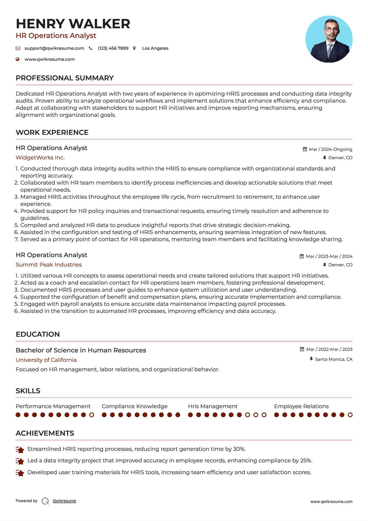 HR Operations Analyst Resume Model