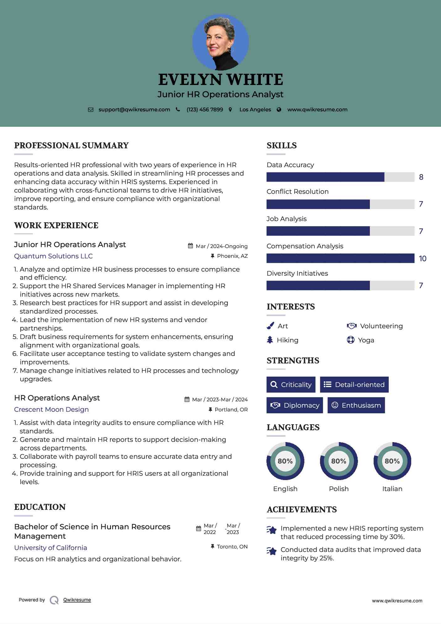 Junior HR Operations Analyst Resume Template