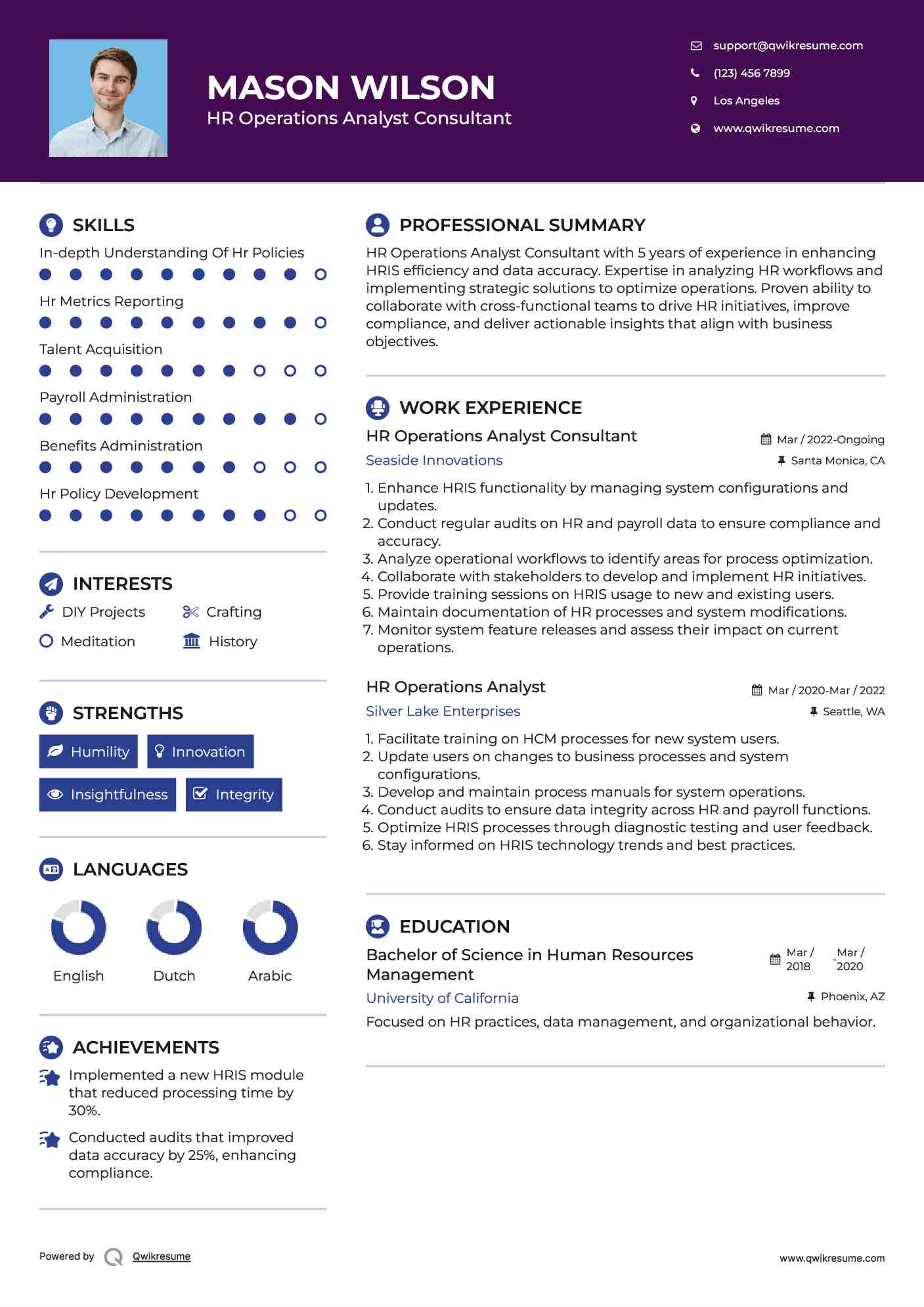 HR Operations Analyst Consultant Resume Model