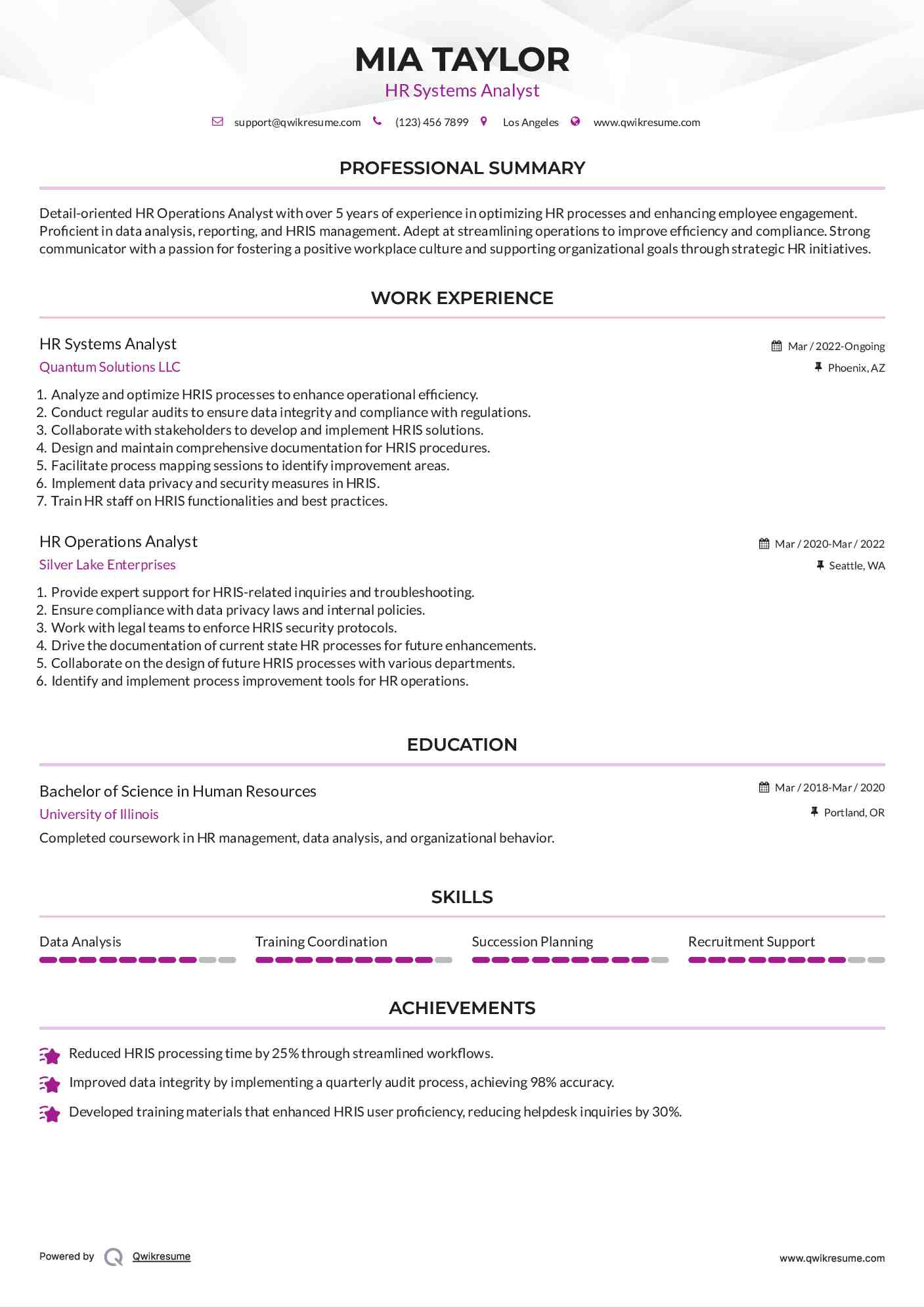 HR Systems Analyst Resume Example