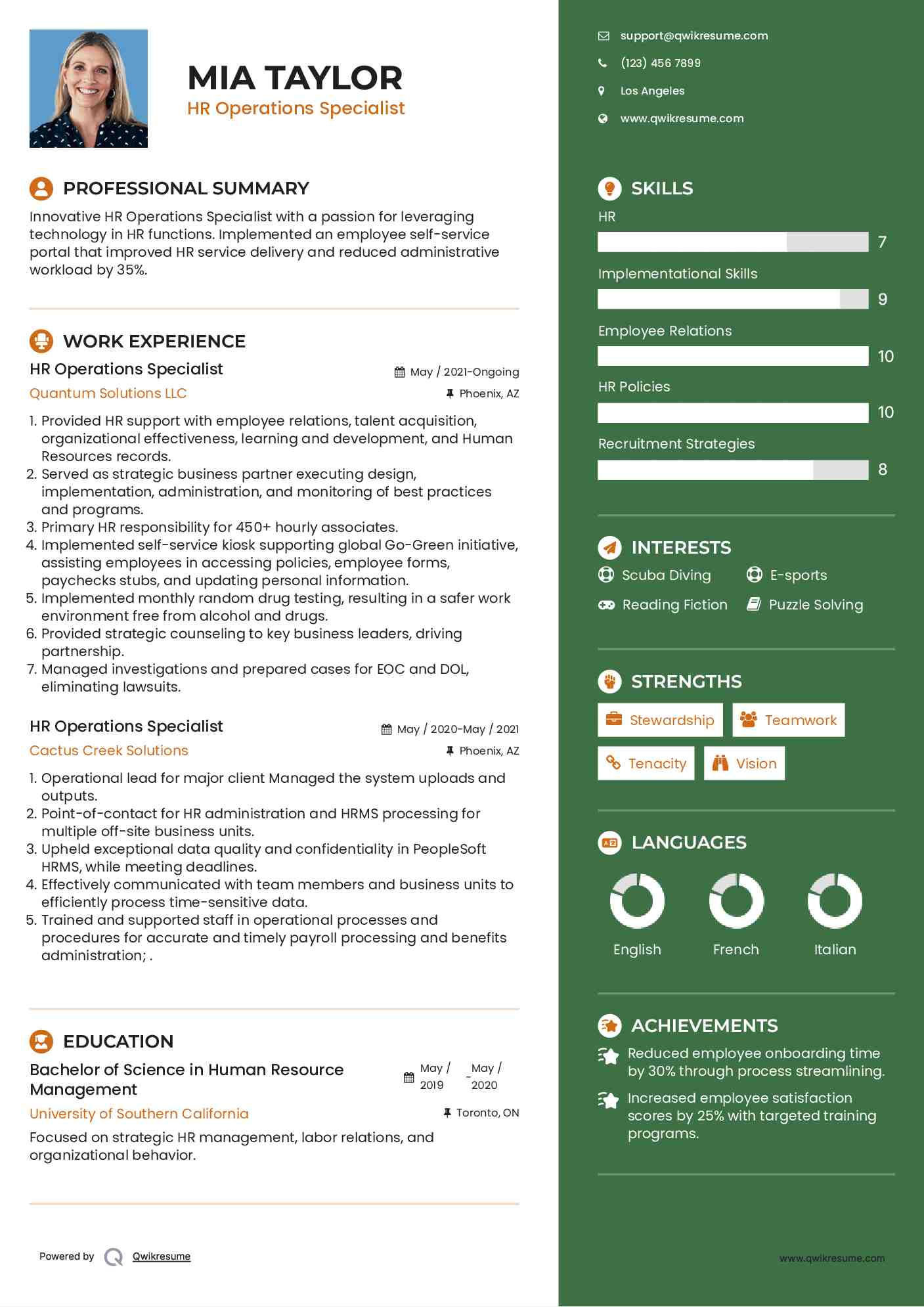 HR Operations Specialist Resume Template
