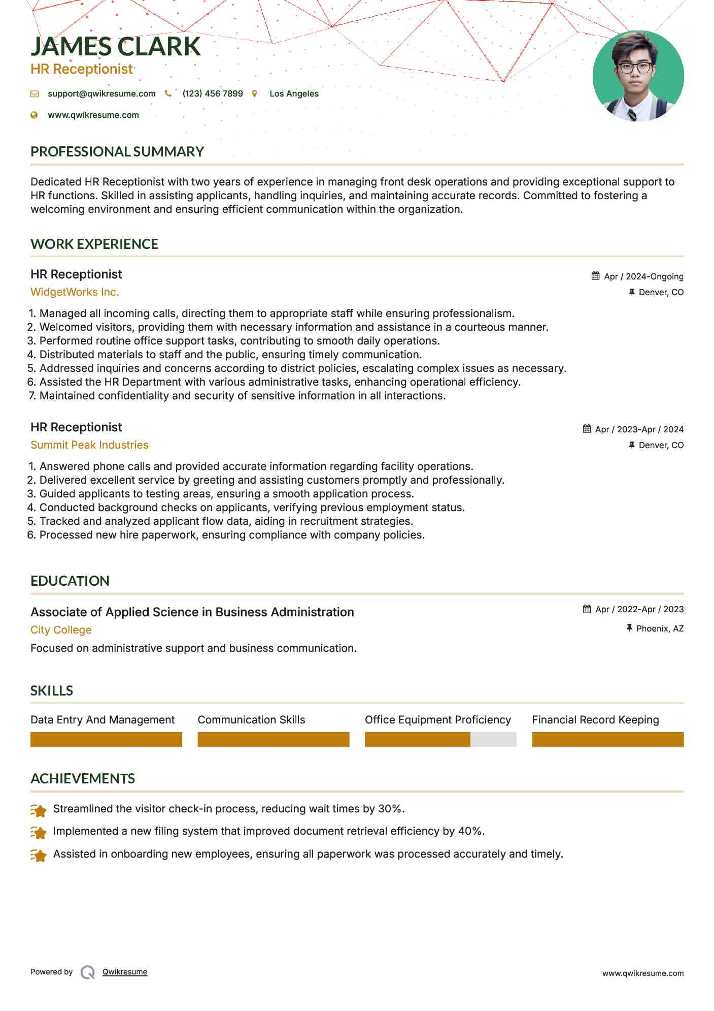 HR Receptionist Resume Sample