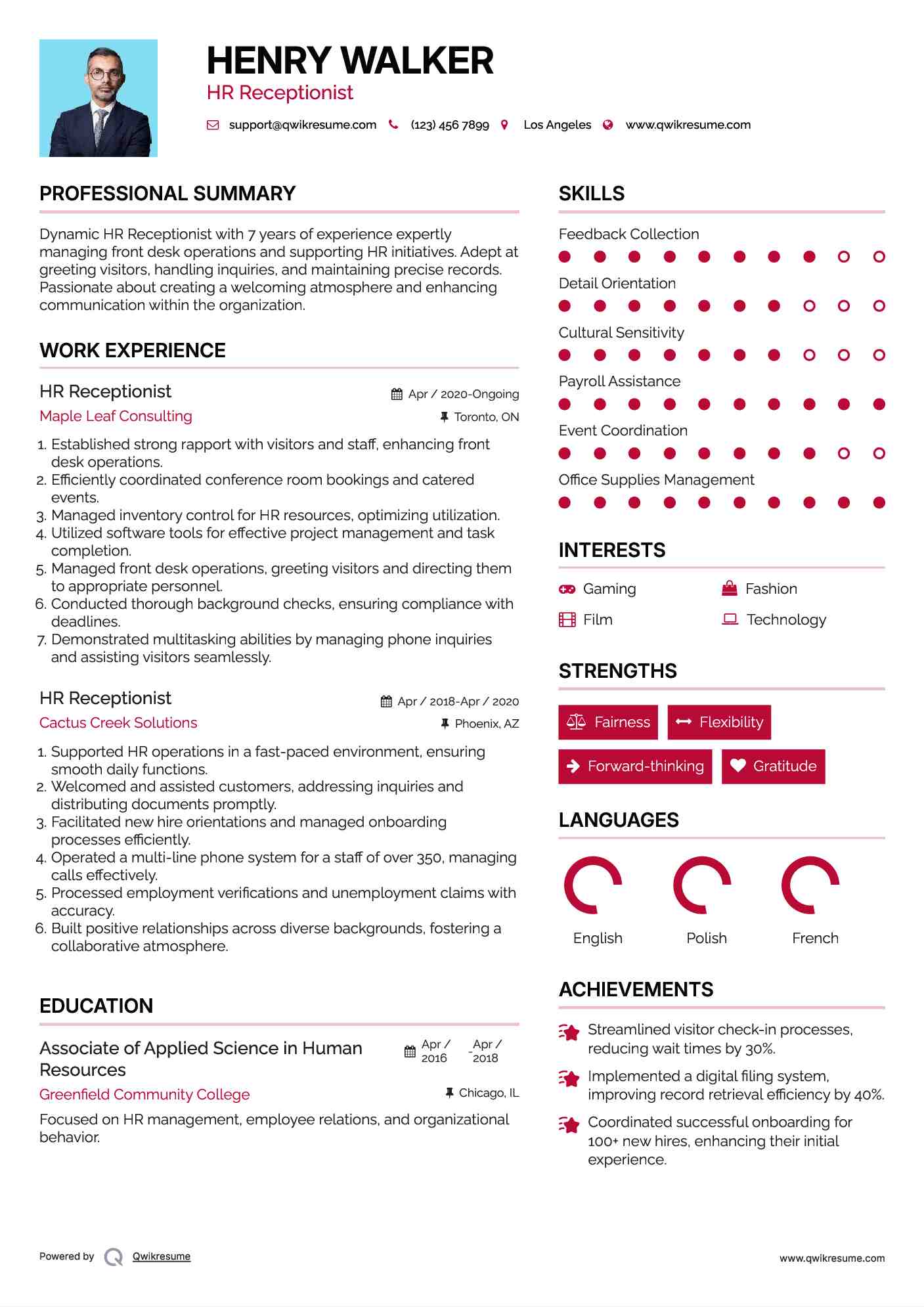 HR Receptionist Resume Sample