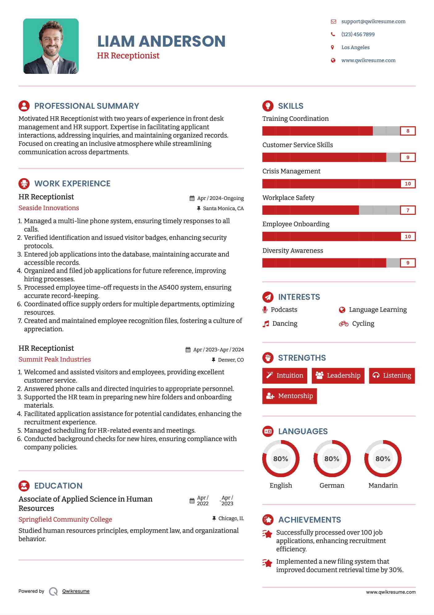 HR Receptionist Resume Sample