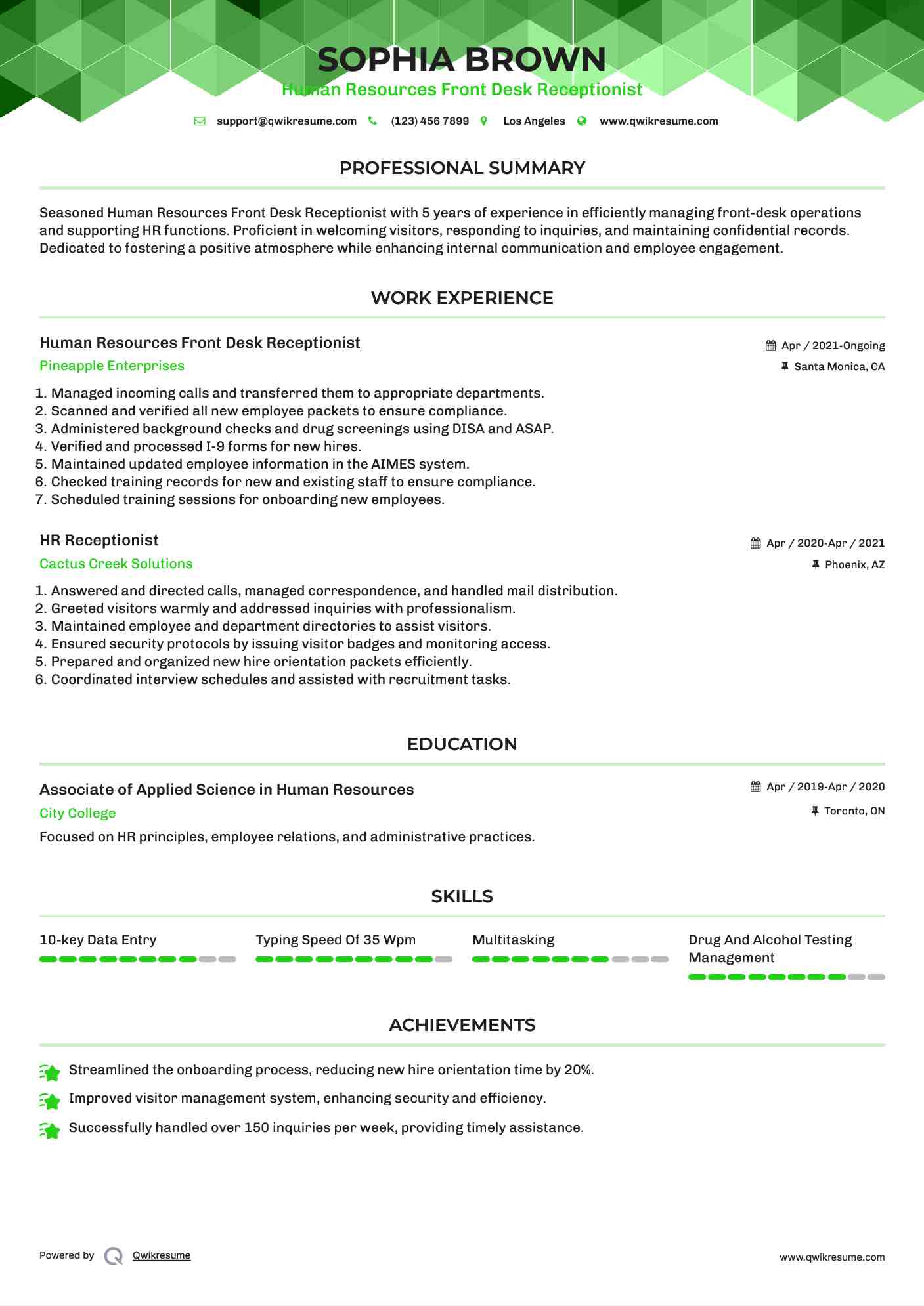 Human Resources Front Desk Receptionist Resume Example