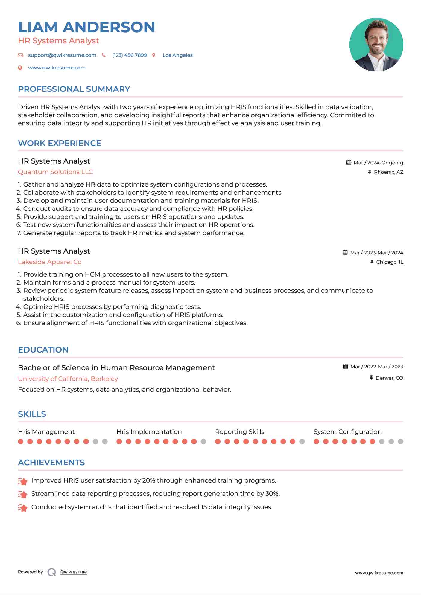 HR Systems Analyst Resume Format