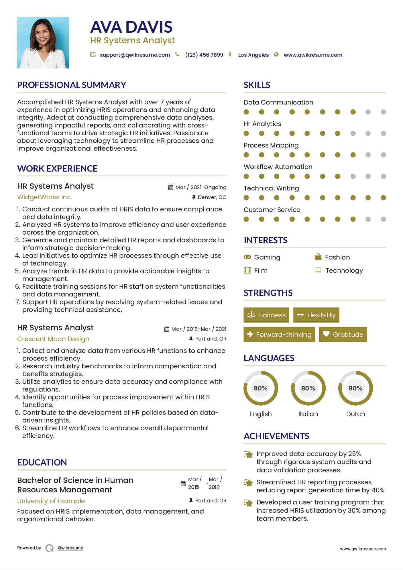 HR Systems Analyst Resume Example