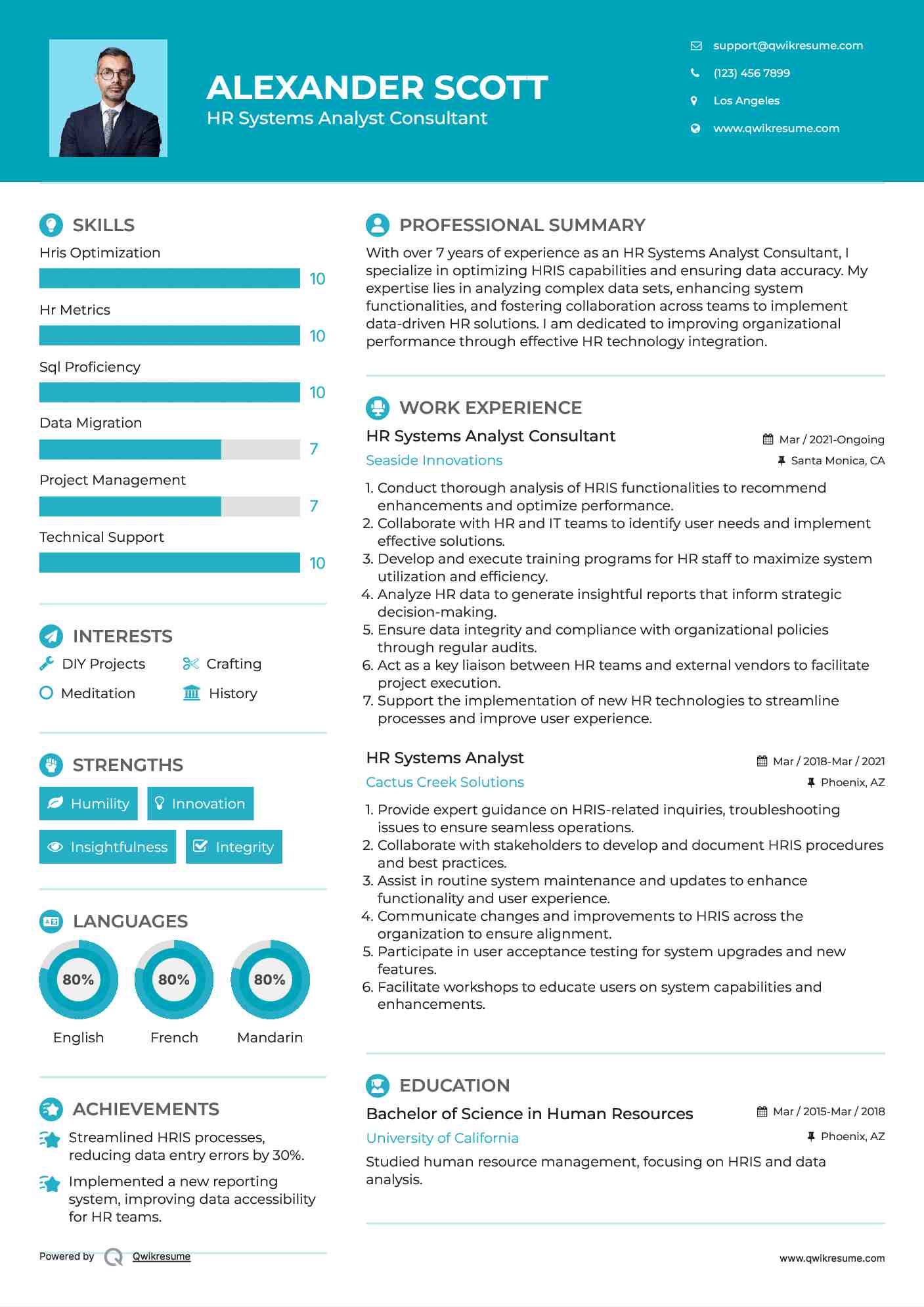 HR Systems Analyst Consultant Resume Example