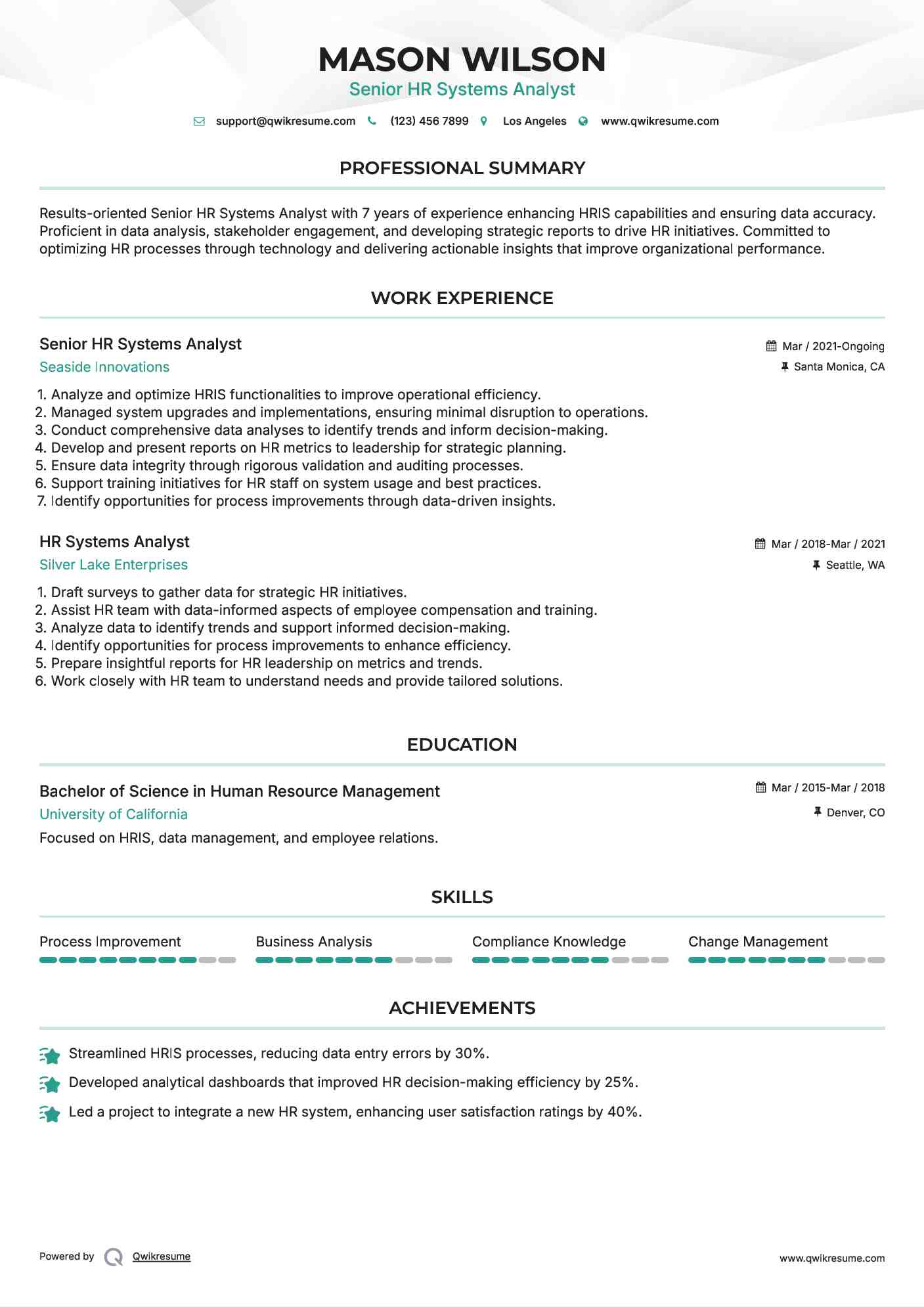 Senior HR Systems Analyst Resume Template