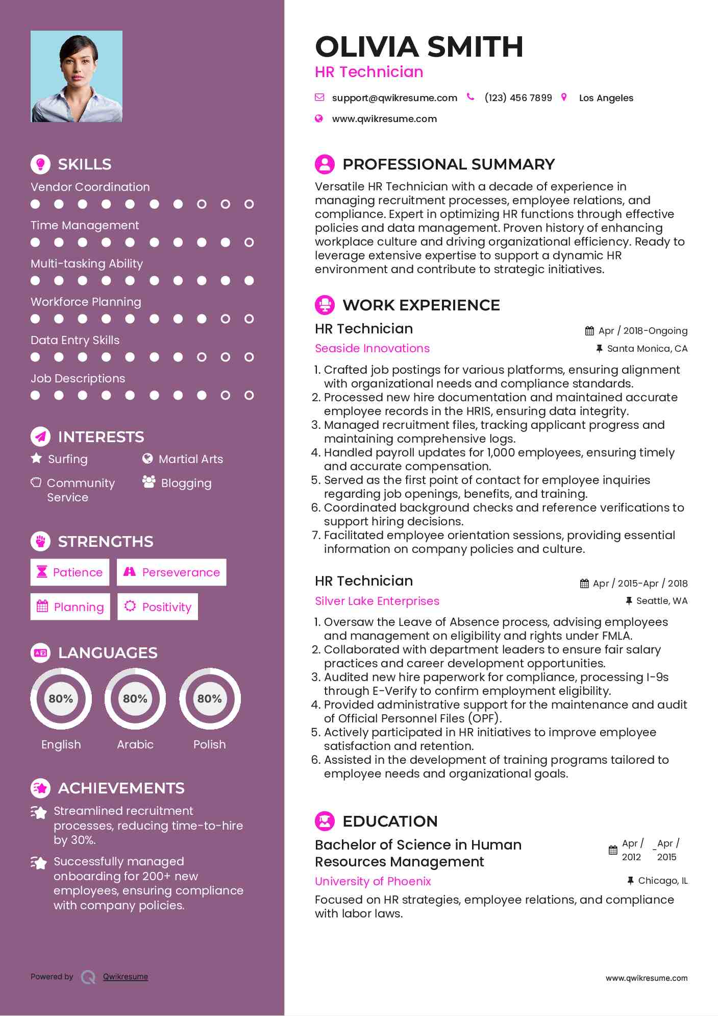 HR Technician Resume Example