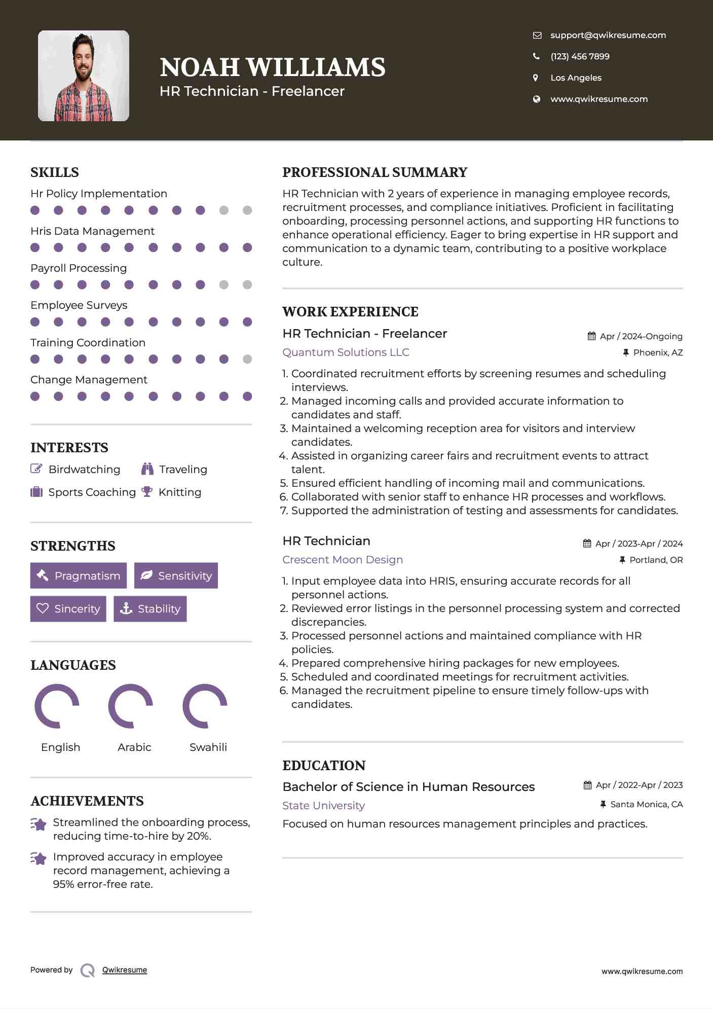 HR Technician - Freelancer Resume Template