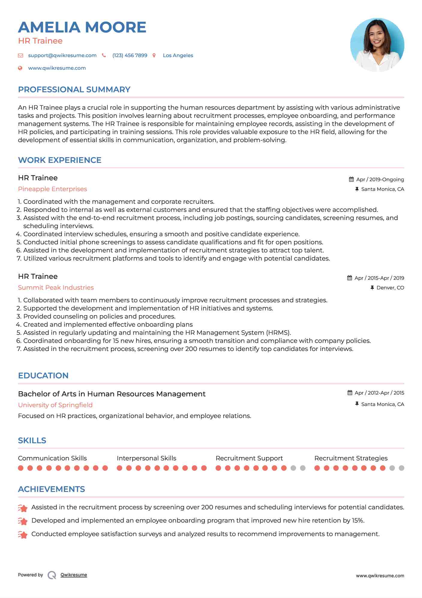 HR Trainee Resume Example