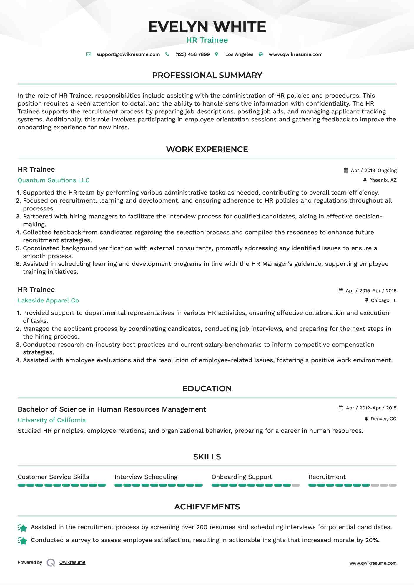 HR Trainee Resume Sample