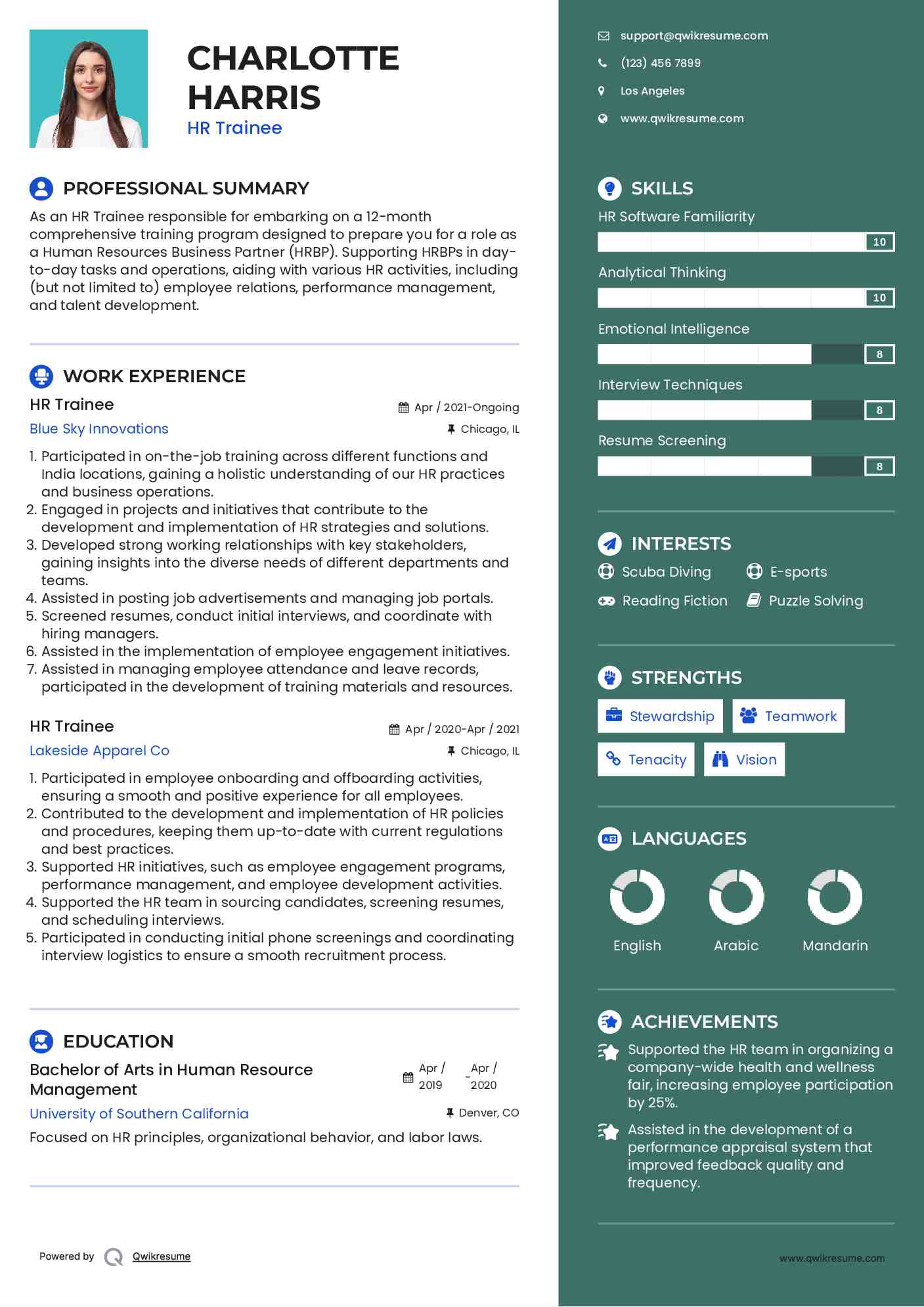 HR Trainee Resume Example