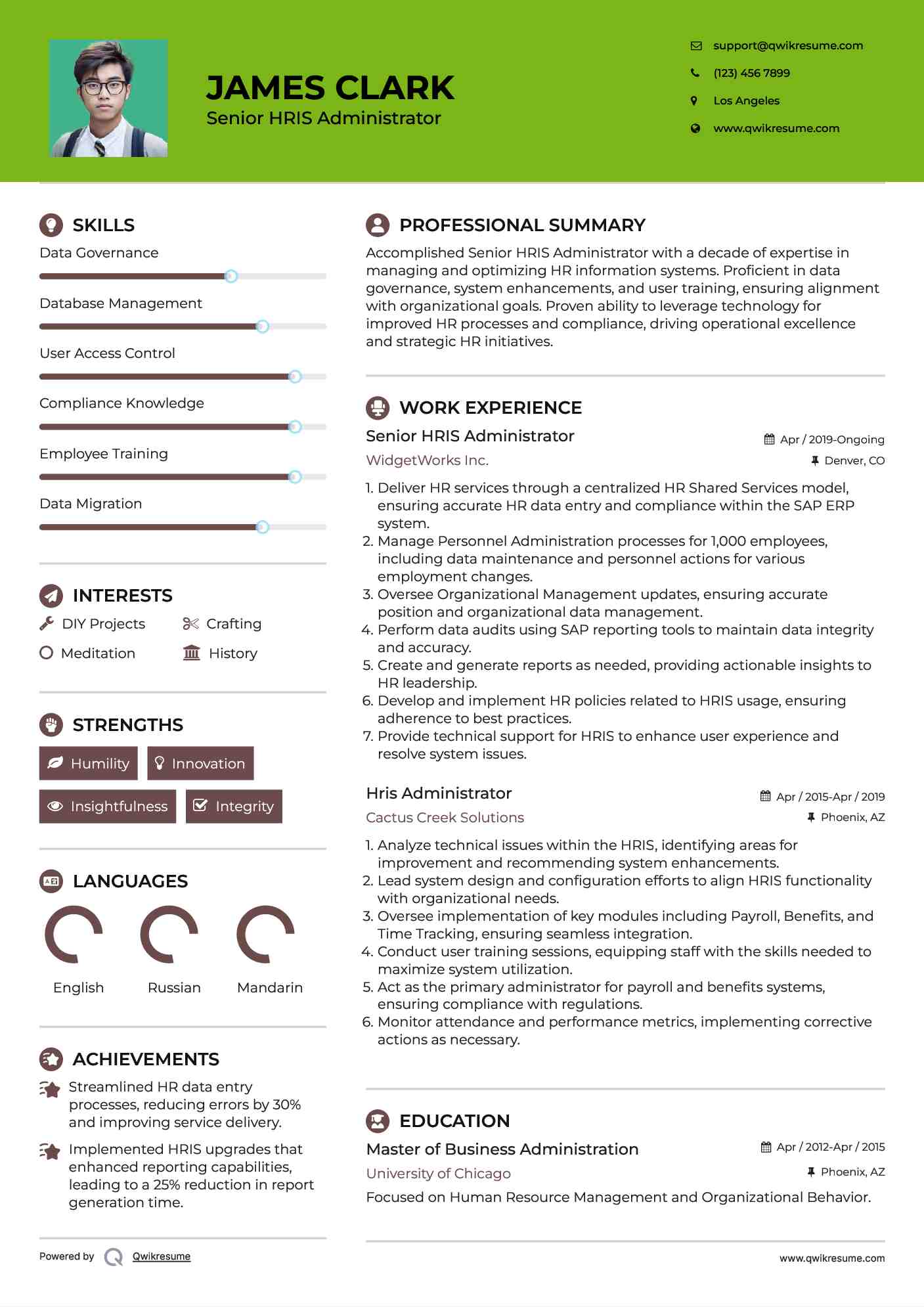 Senior HRIS Administrator Resume Model