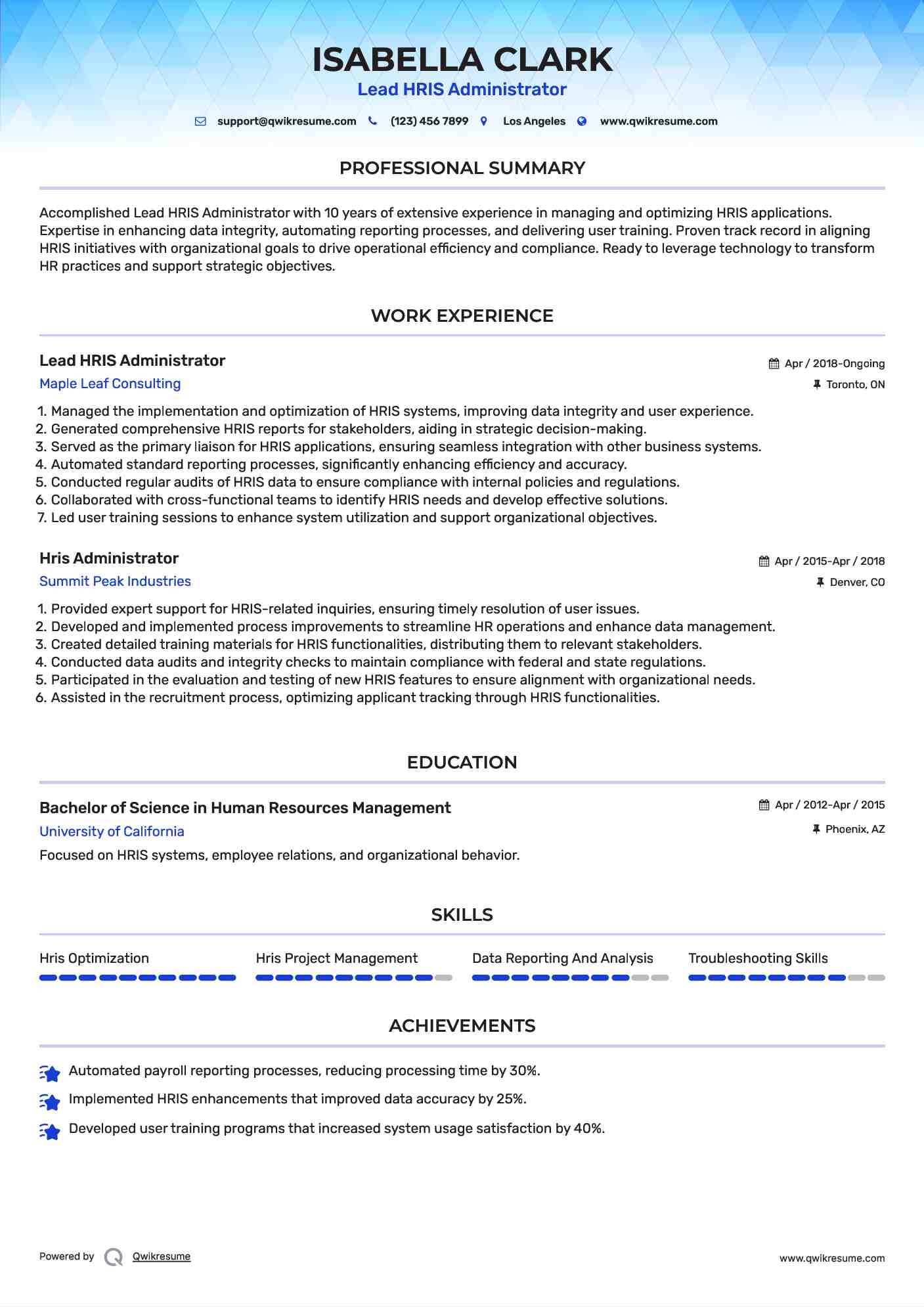 Lead HRIS Administrator Resume Format