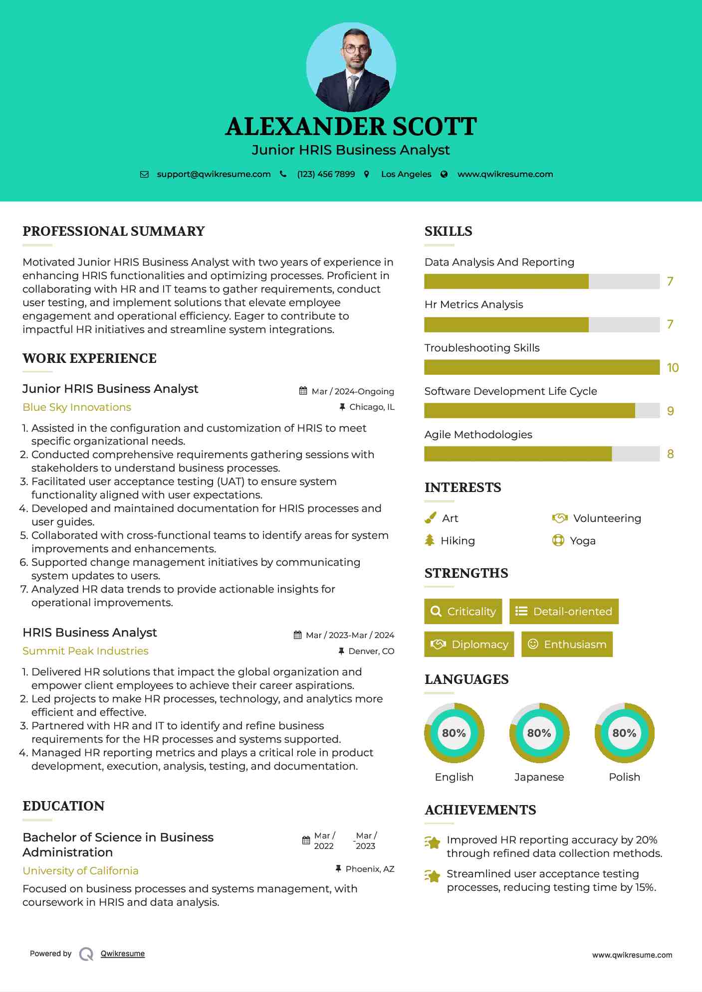 Junior HRIS Business Analyst Resume Template
