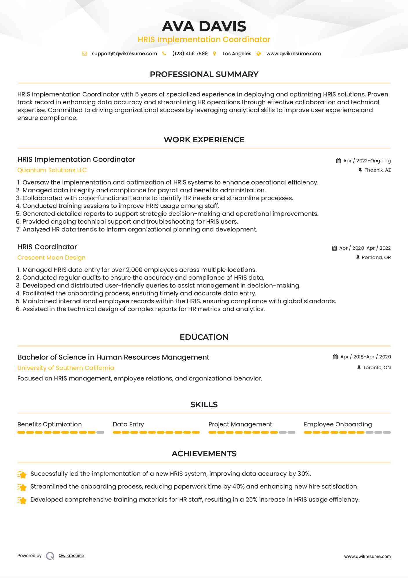 HRIS Implementation Coordinator Resume Format
