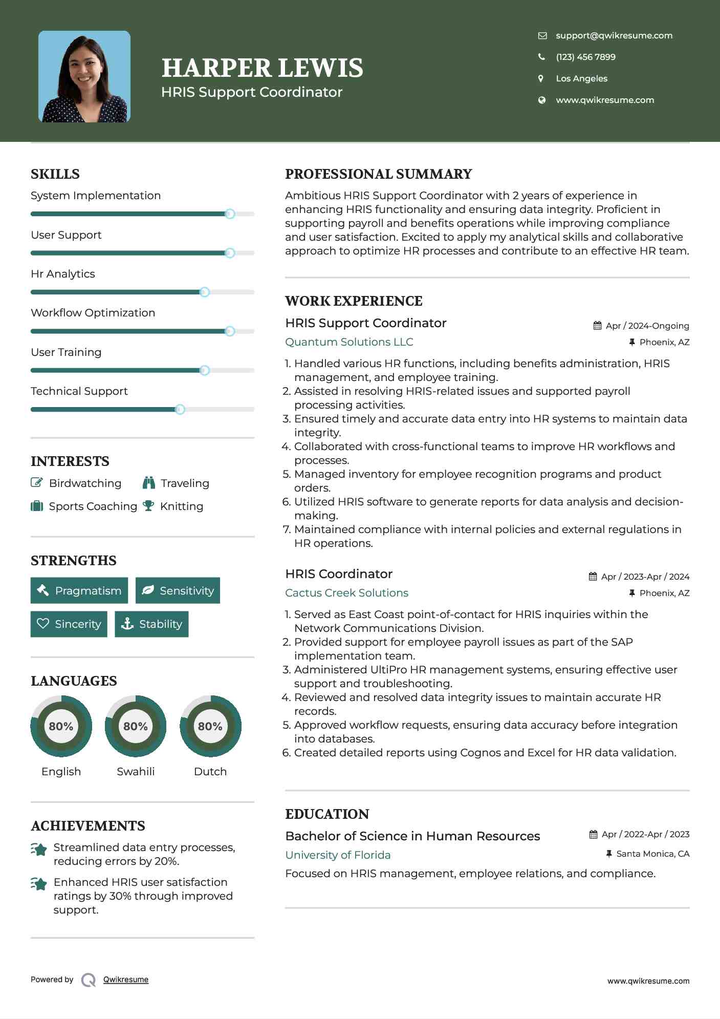HRIS Support Coordinator Resume Example