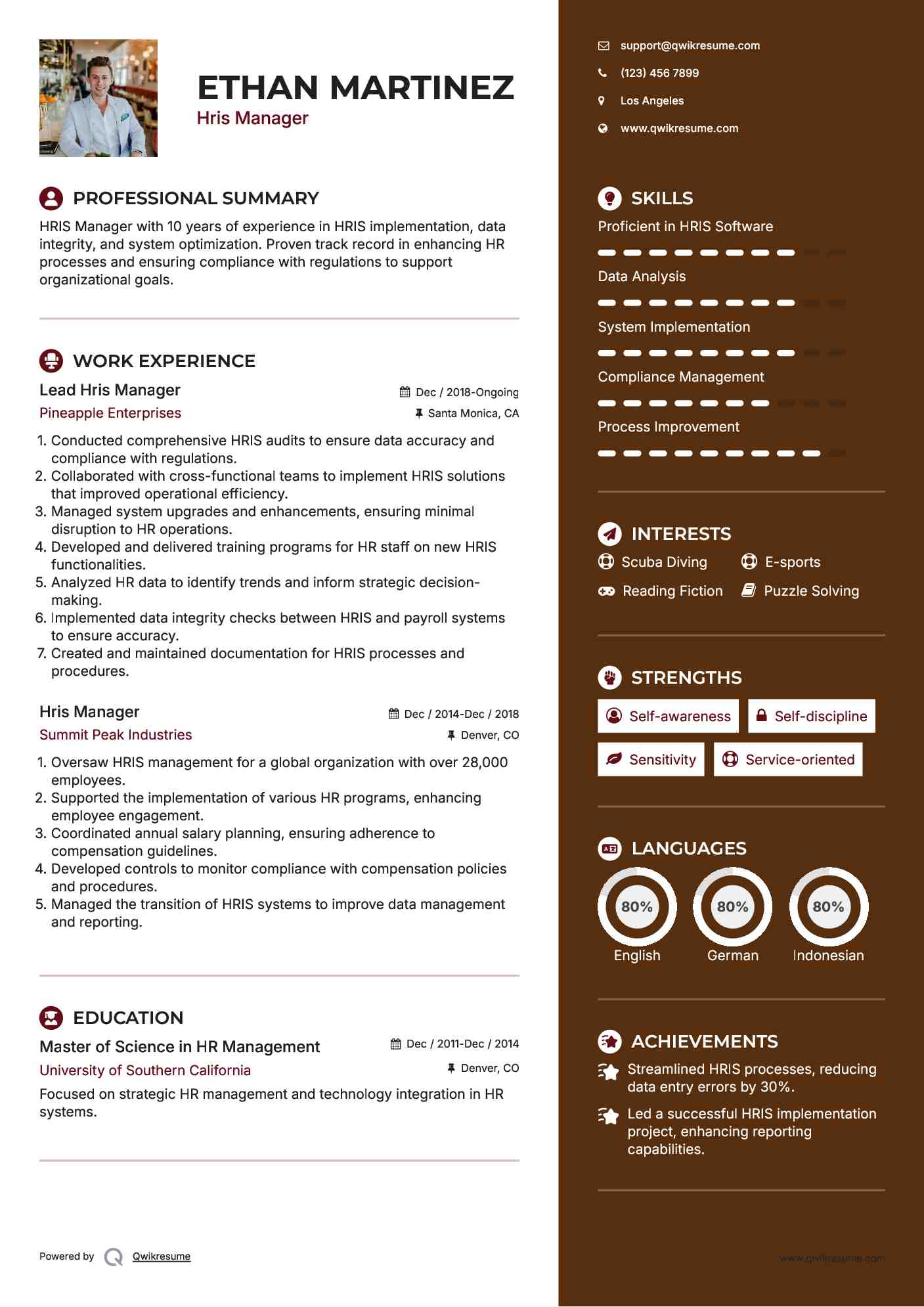 Lead Hris Manager Resume Format