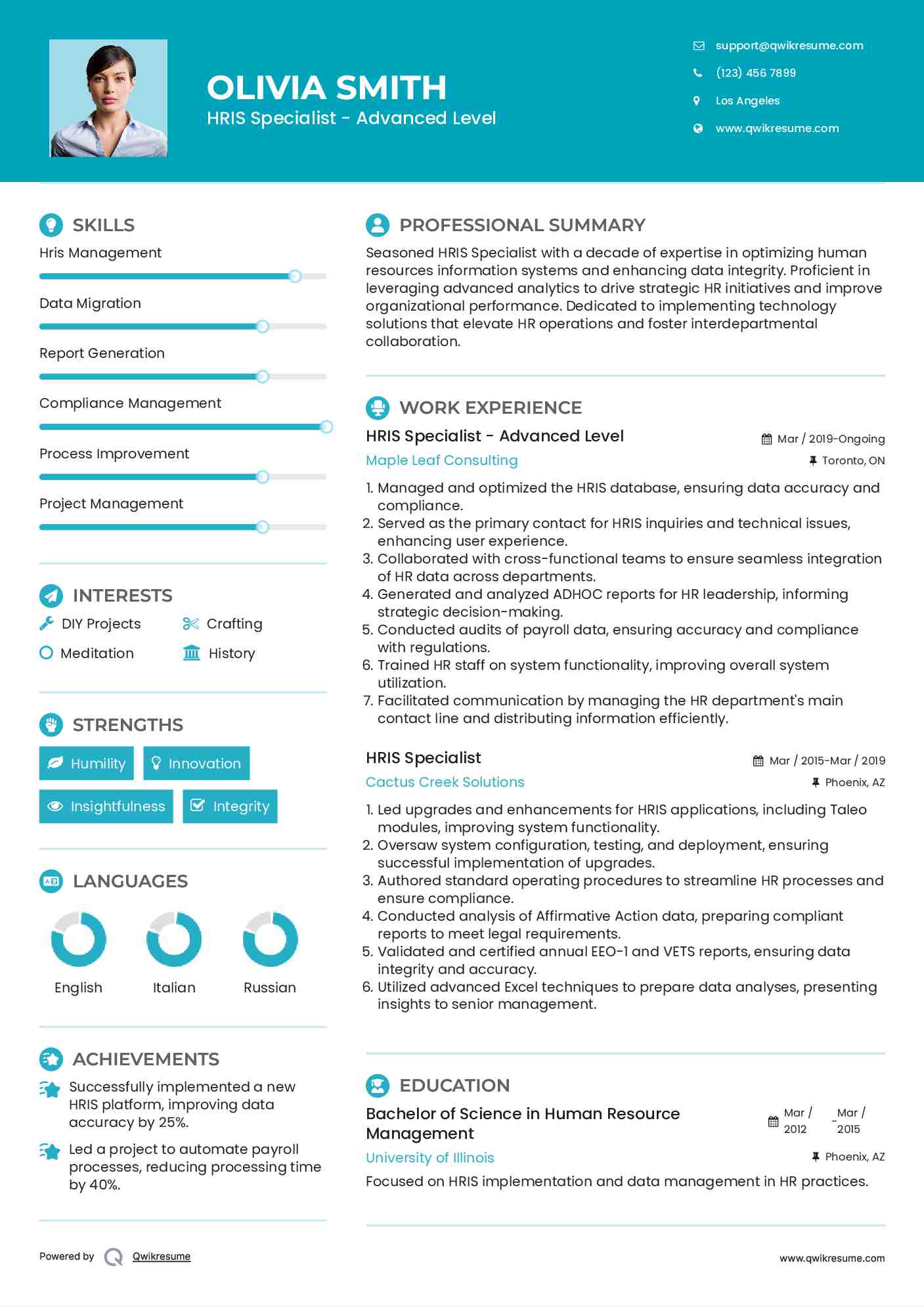 HRIS Specialist - Advanced Level Resume Format