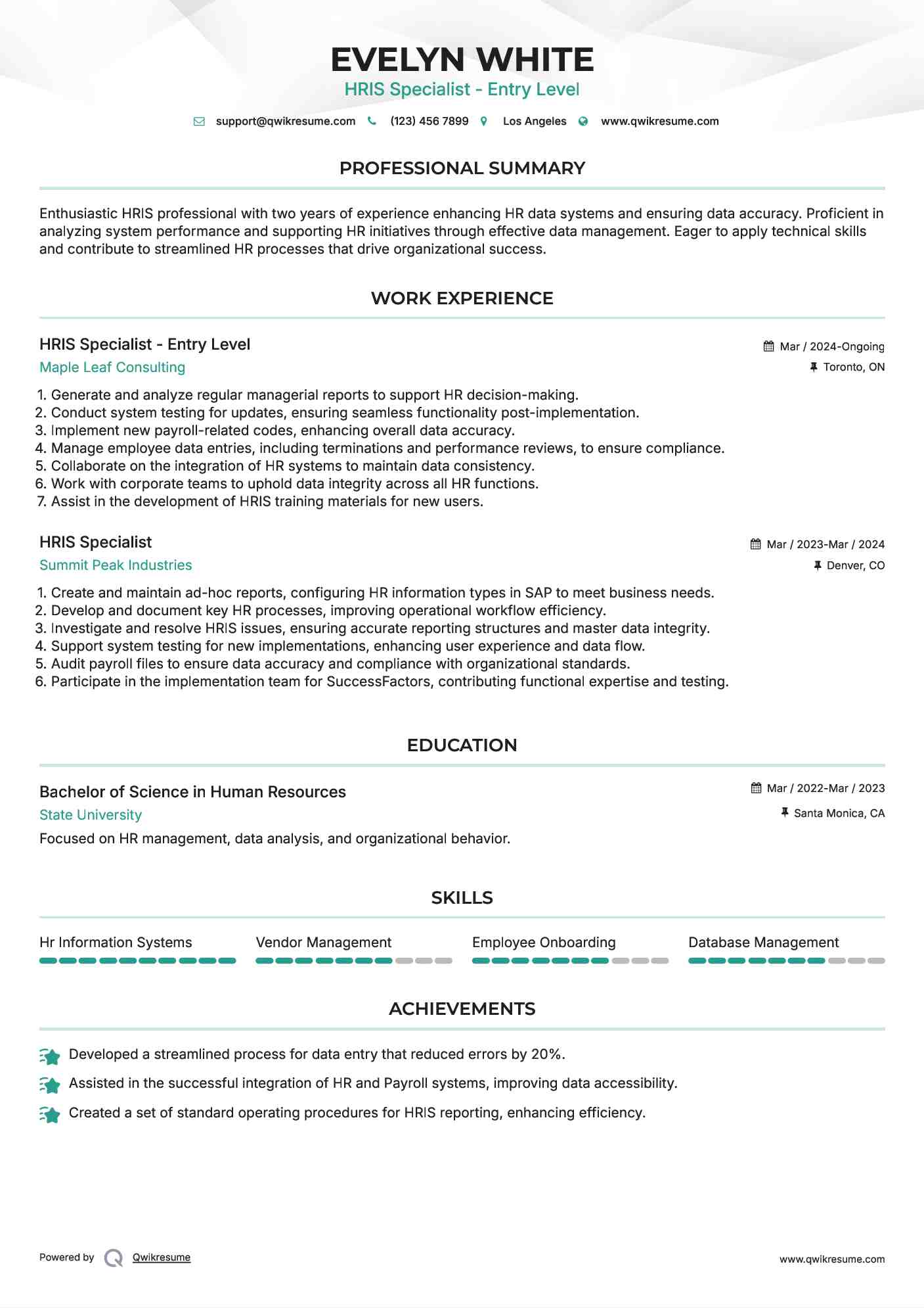 HRIS Specialist - Entry Level Resume Sample