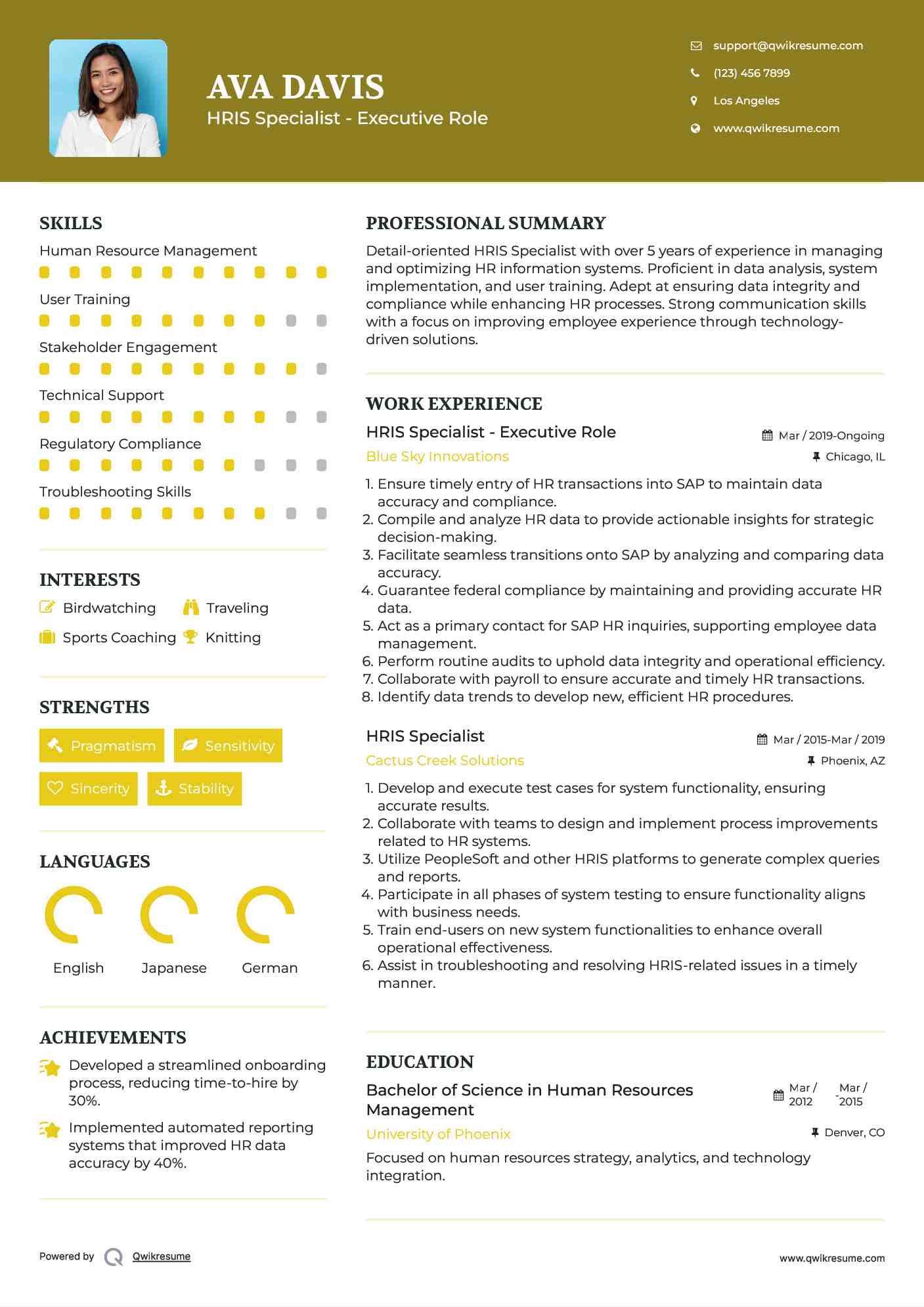 HRIS Specialist - Executive Role Resume Example