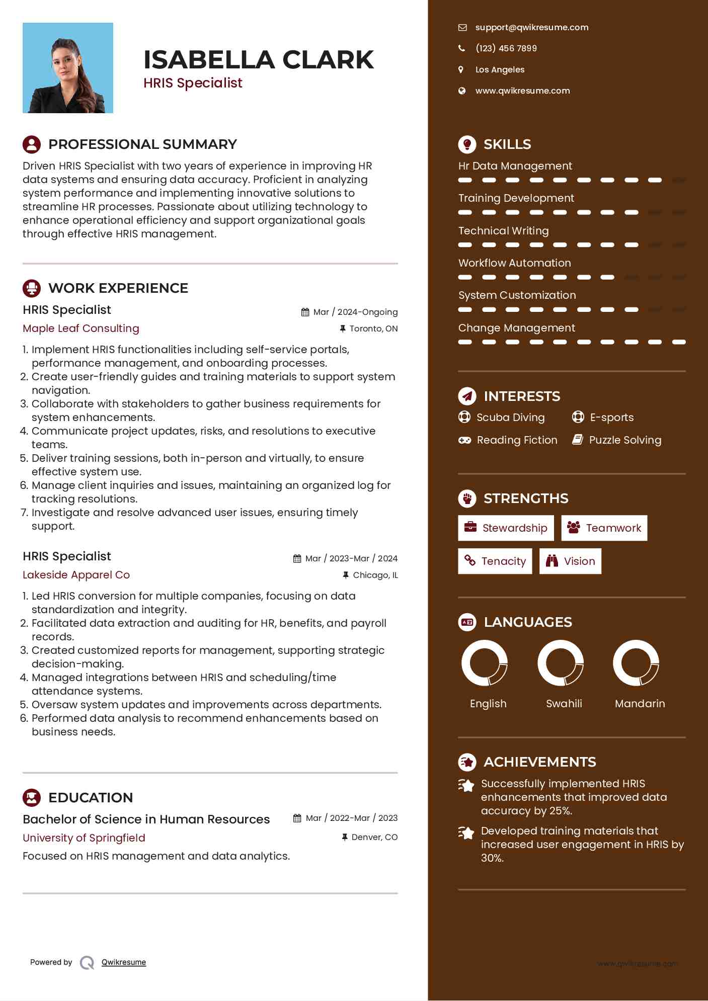 HRIS Specialist Resume Model
