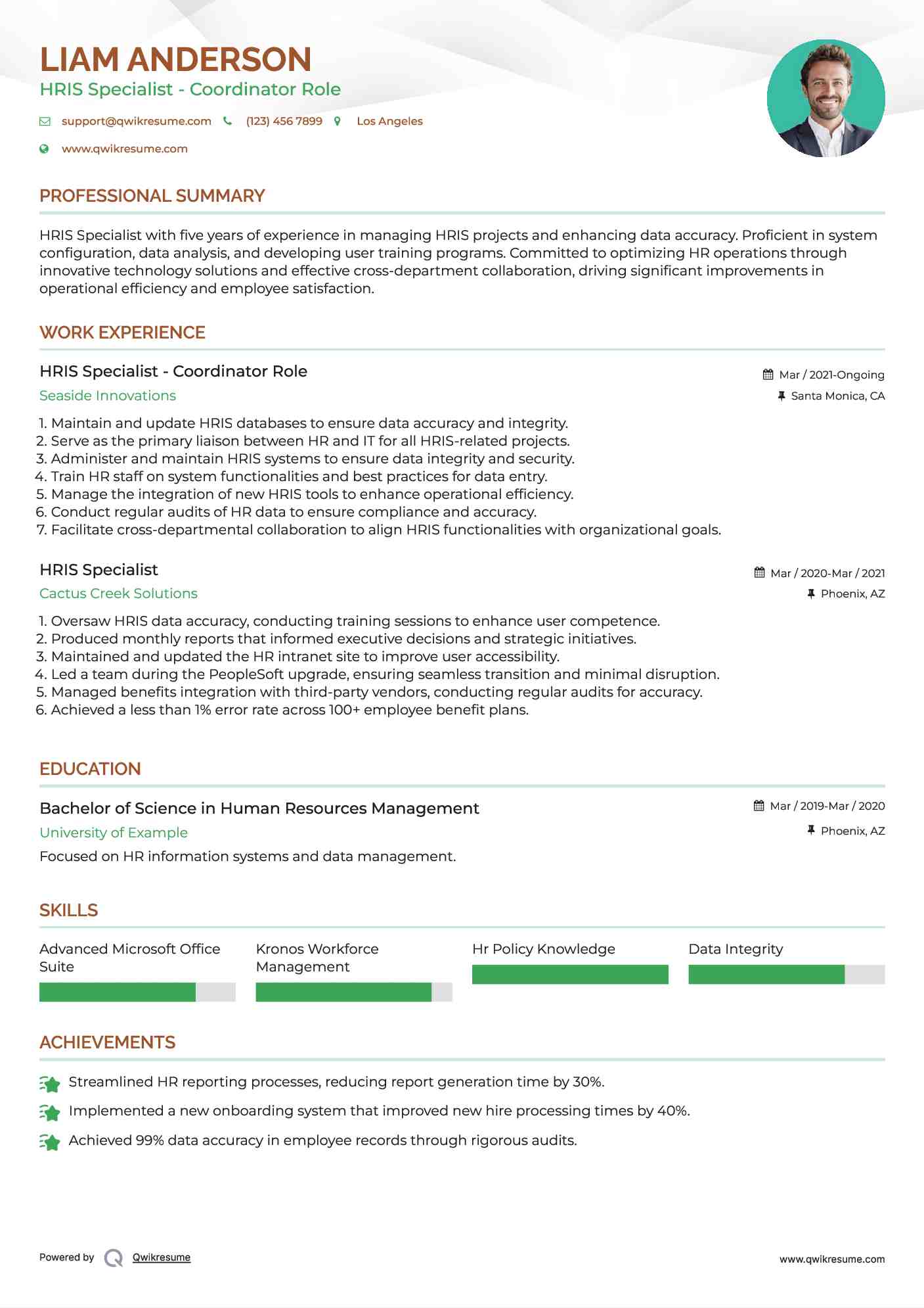 HRIS Specialist - Coordinator Role Resume Sample