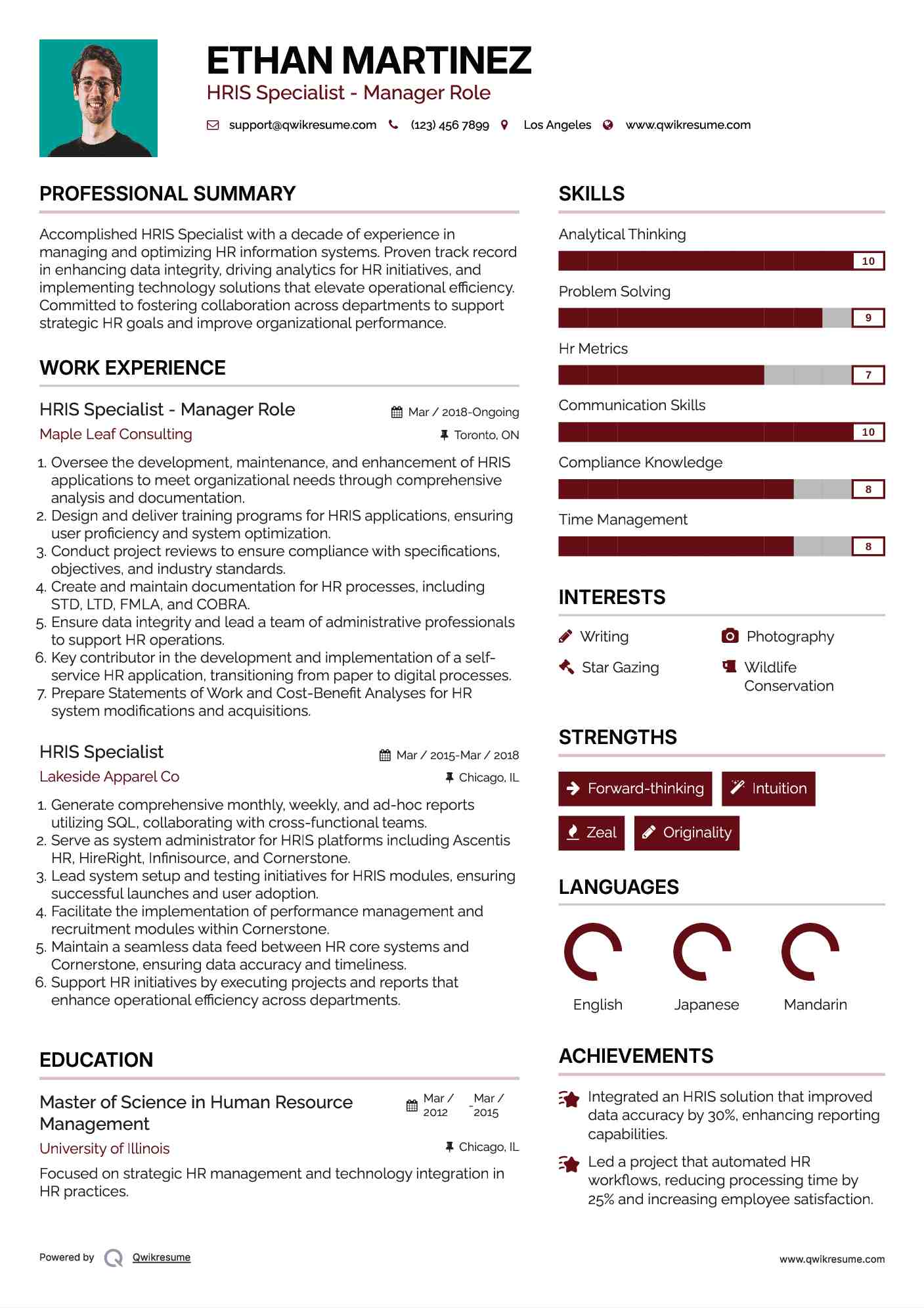HRIS Specialist - Manager Role Resume Format