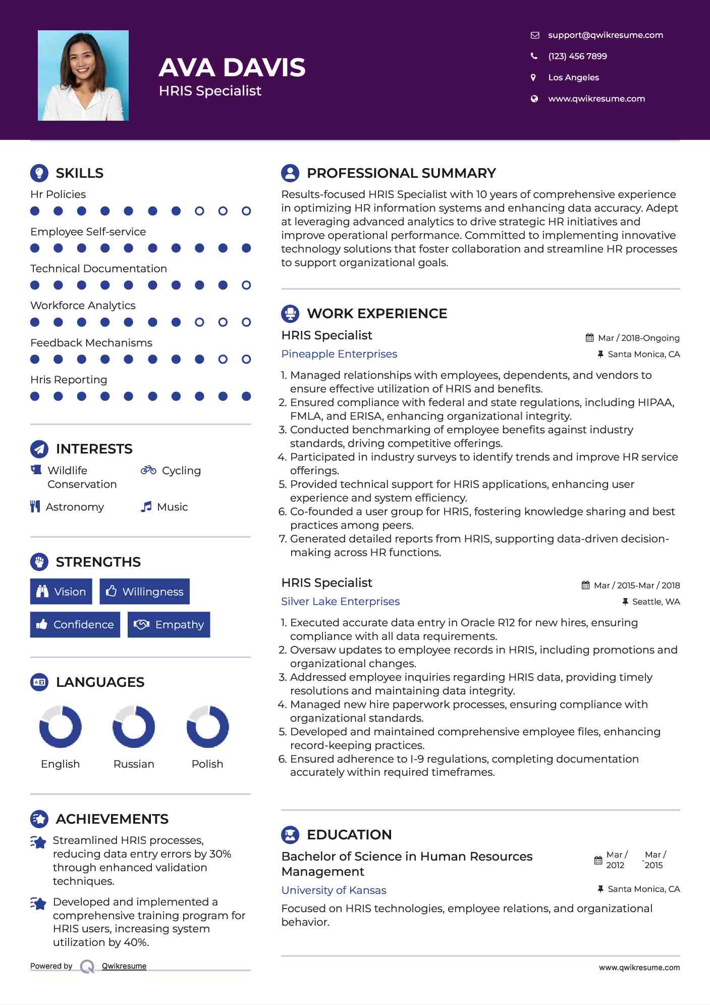 HRIS Specialist Resume Example