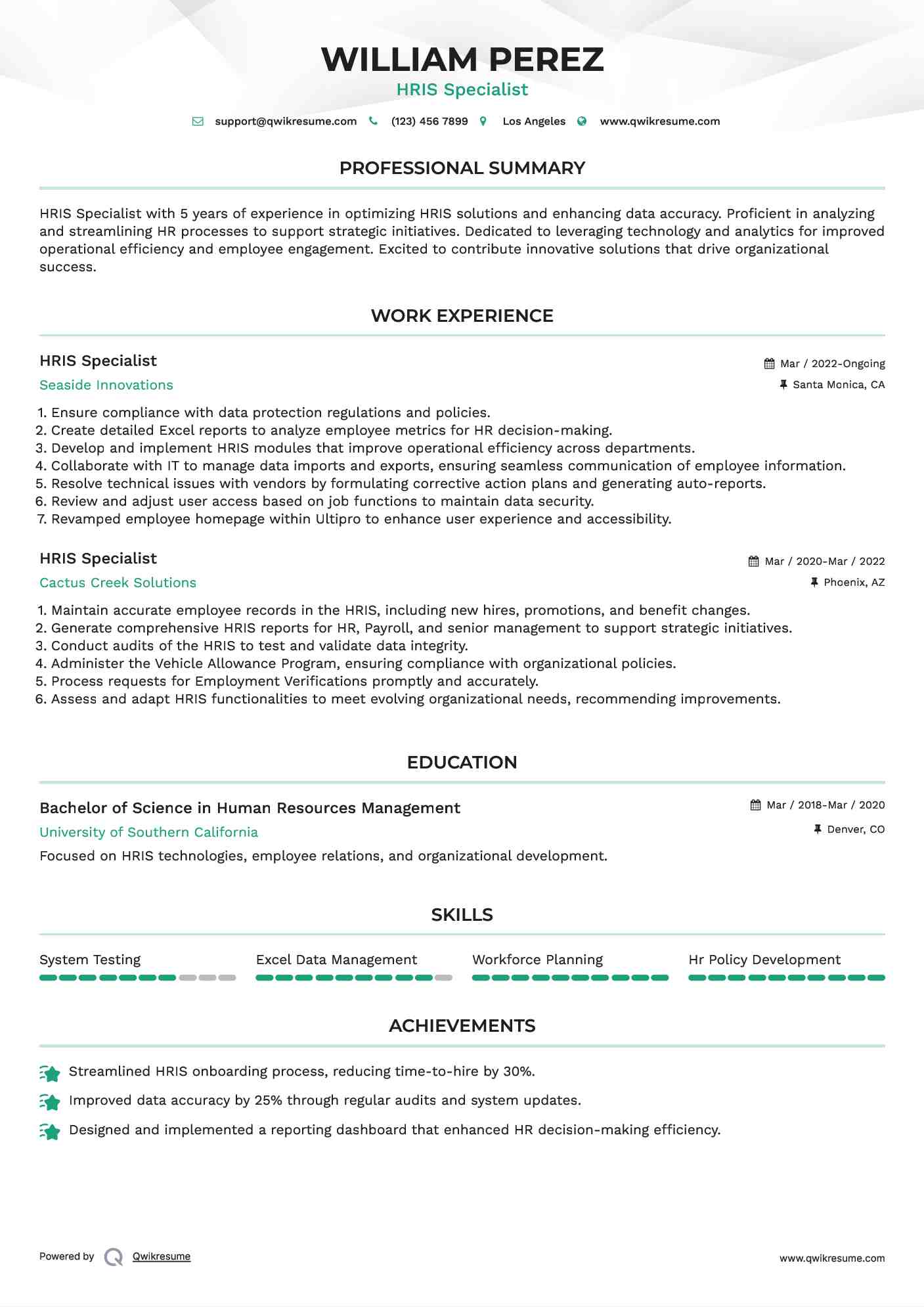HRIS Specialist Resume Model