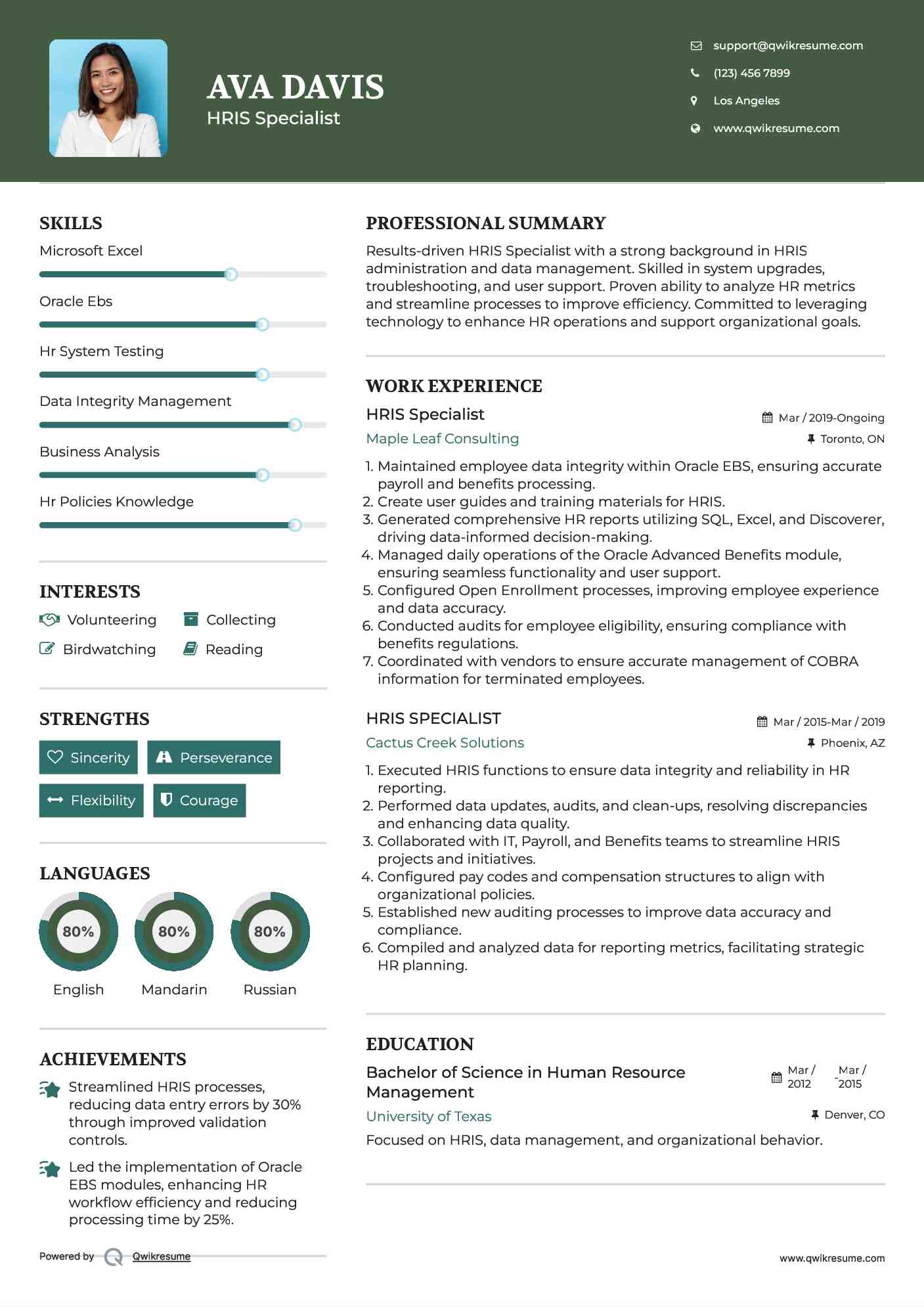 HRIS Specialist Resume Template