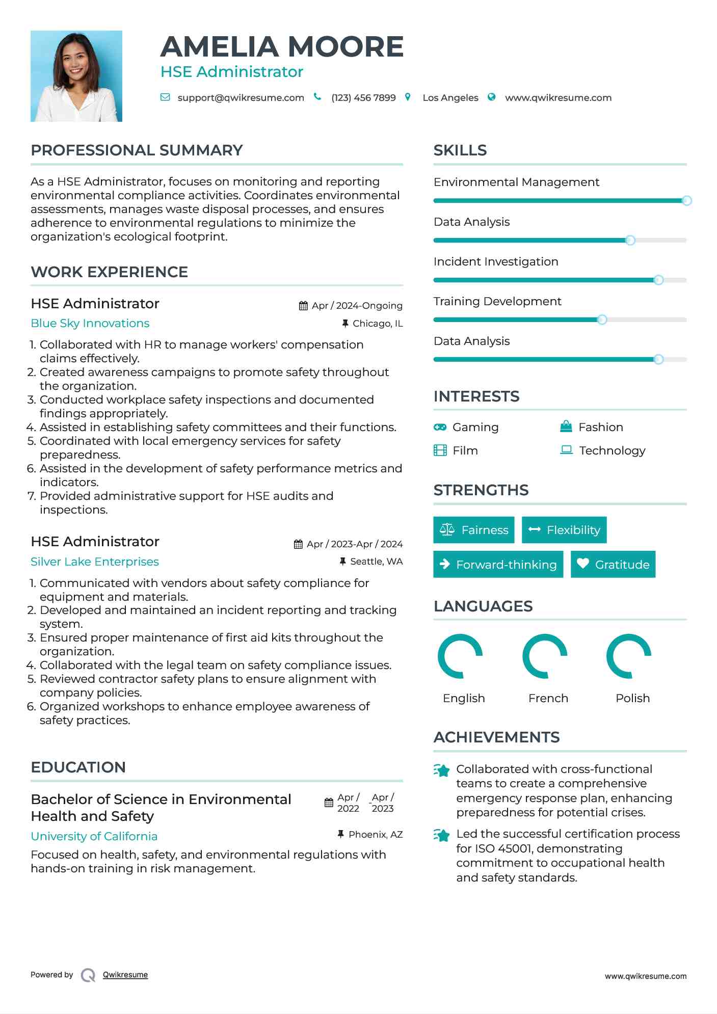 HSE Administrator Resume Example
