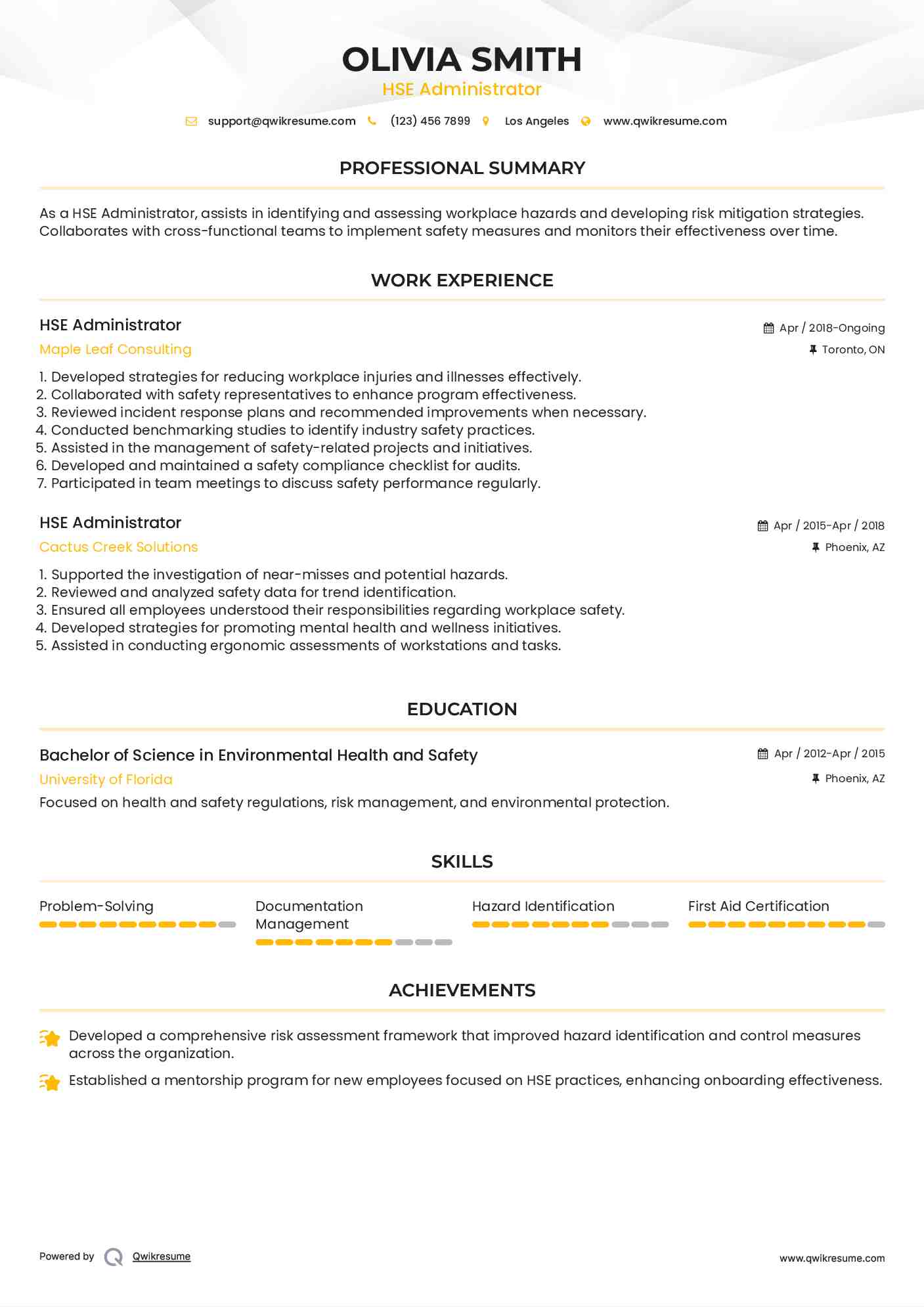 HSE Administrator Resume Model