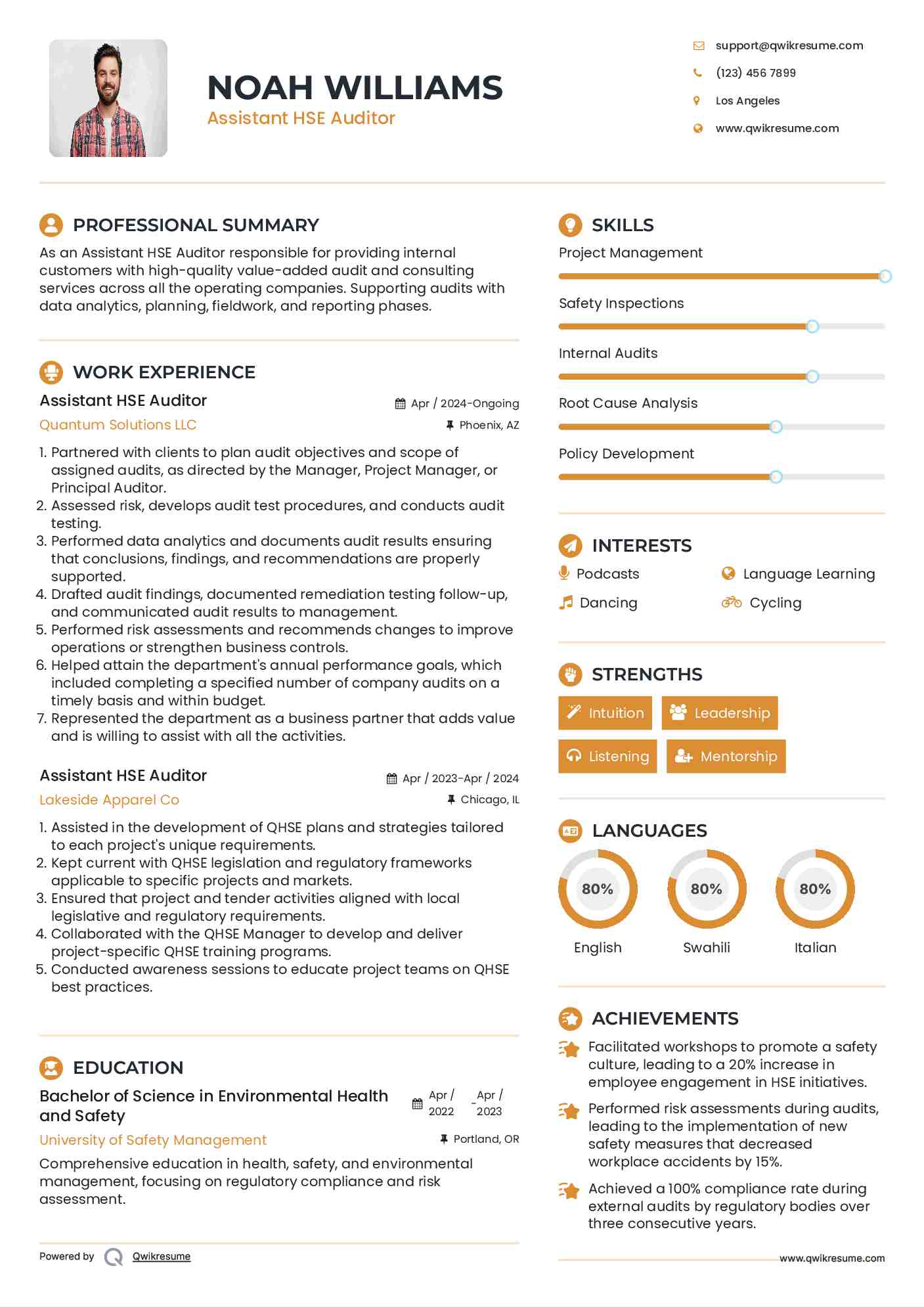 Assistant HSE Auditor Resume Example