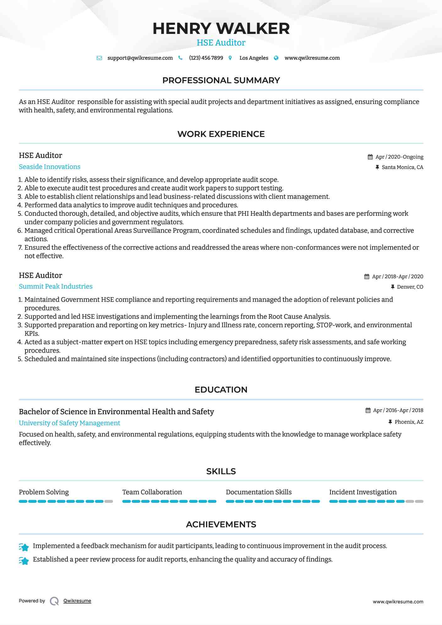 HSE Auditor Resume Format
