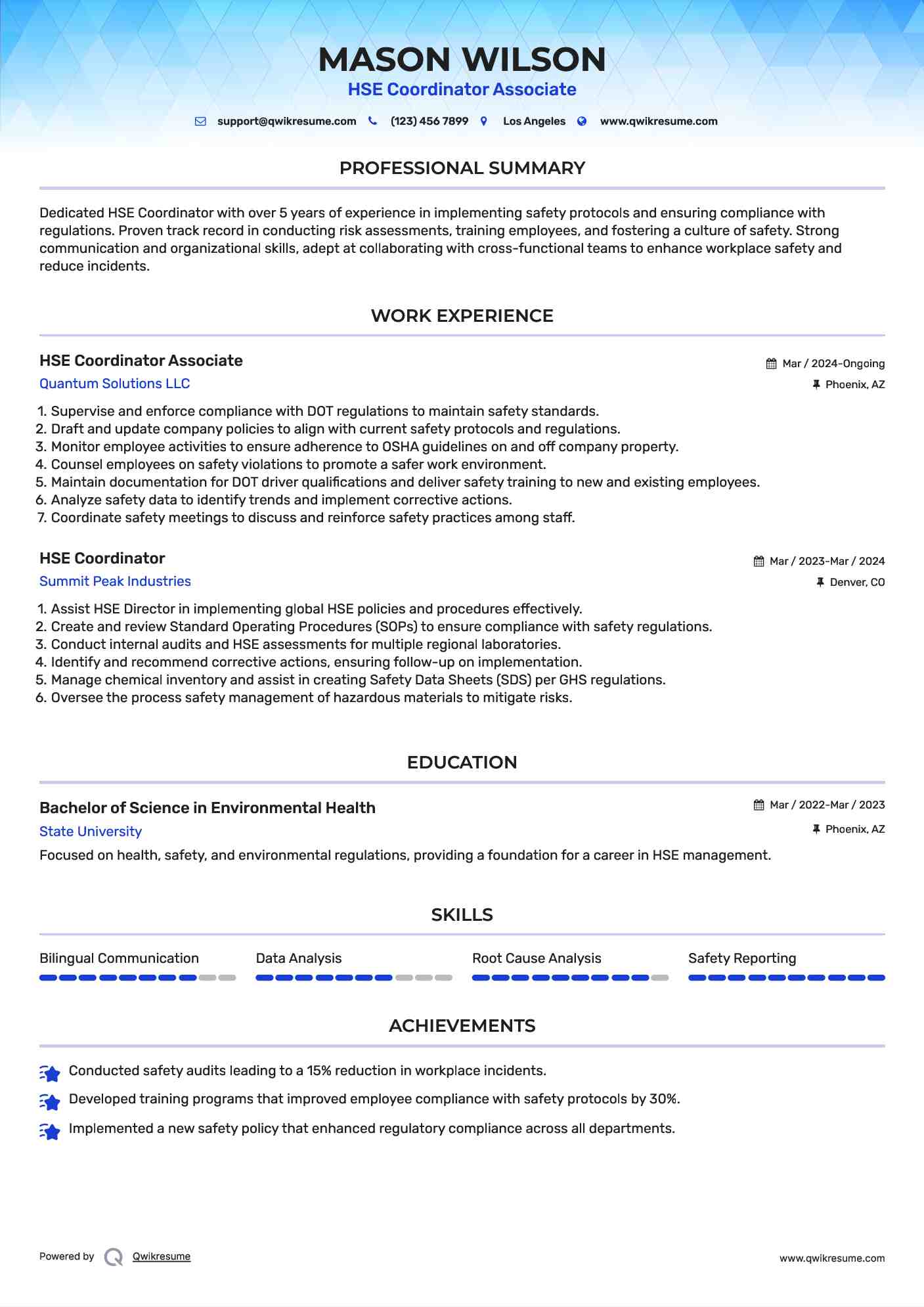 HSE Coordinator Associate Resume Format