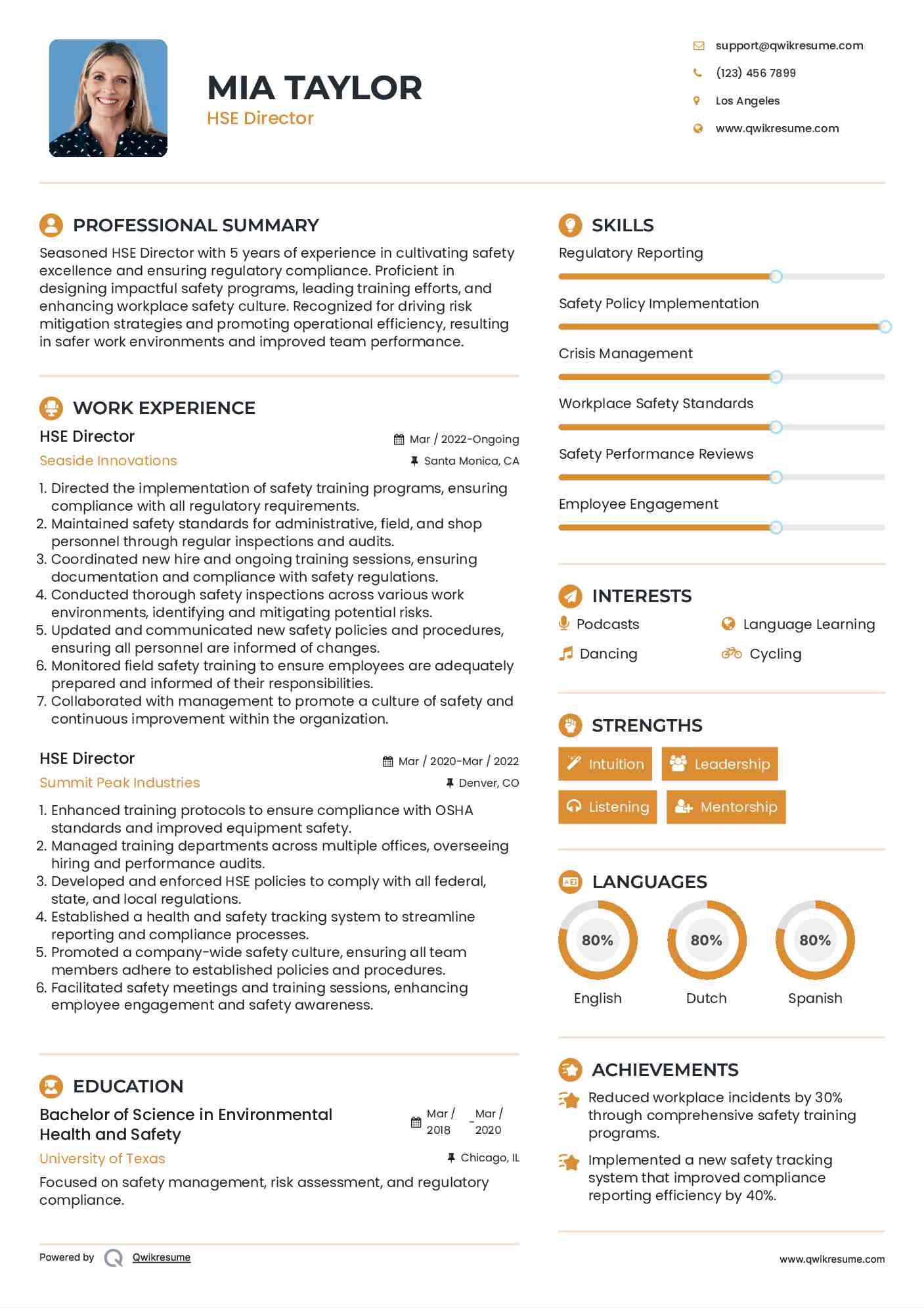HSE Director Resume Format