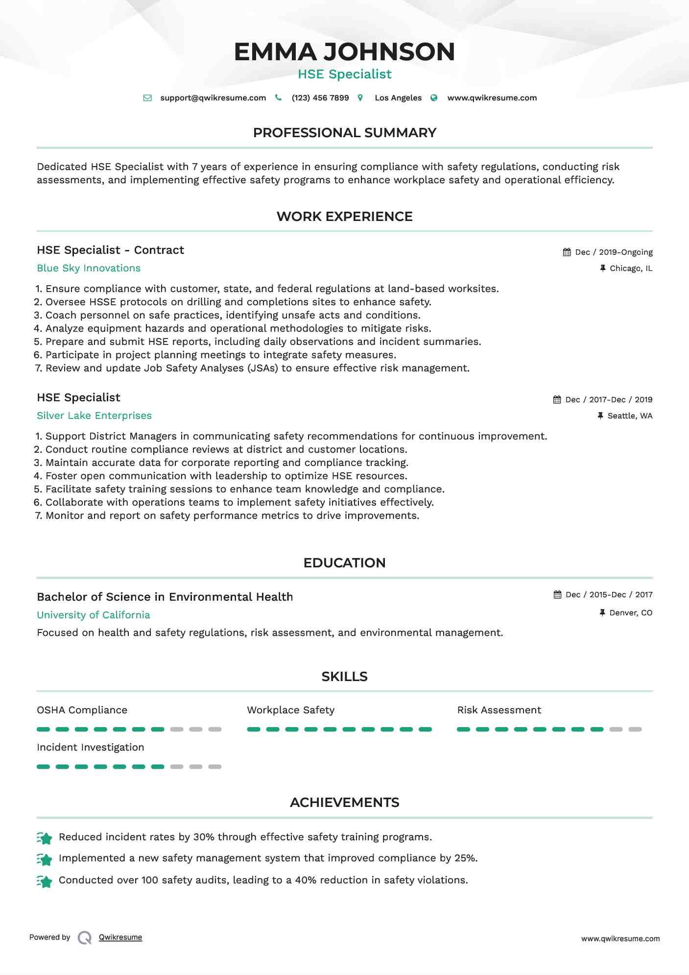 HSE Specialist - Contract Resume Model
