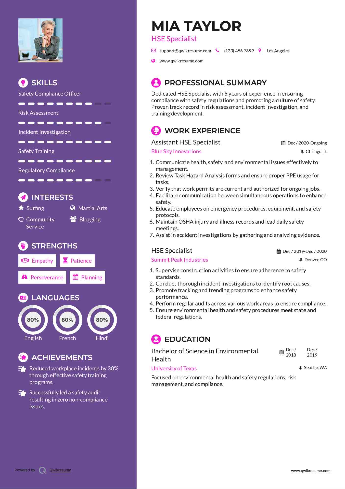 Assistant HSE Specialist Resume Sample