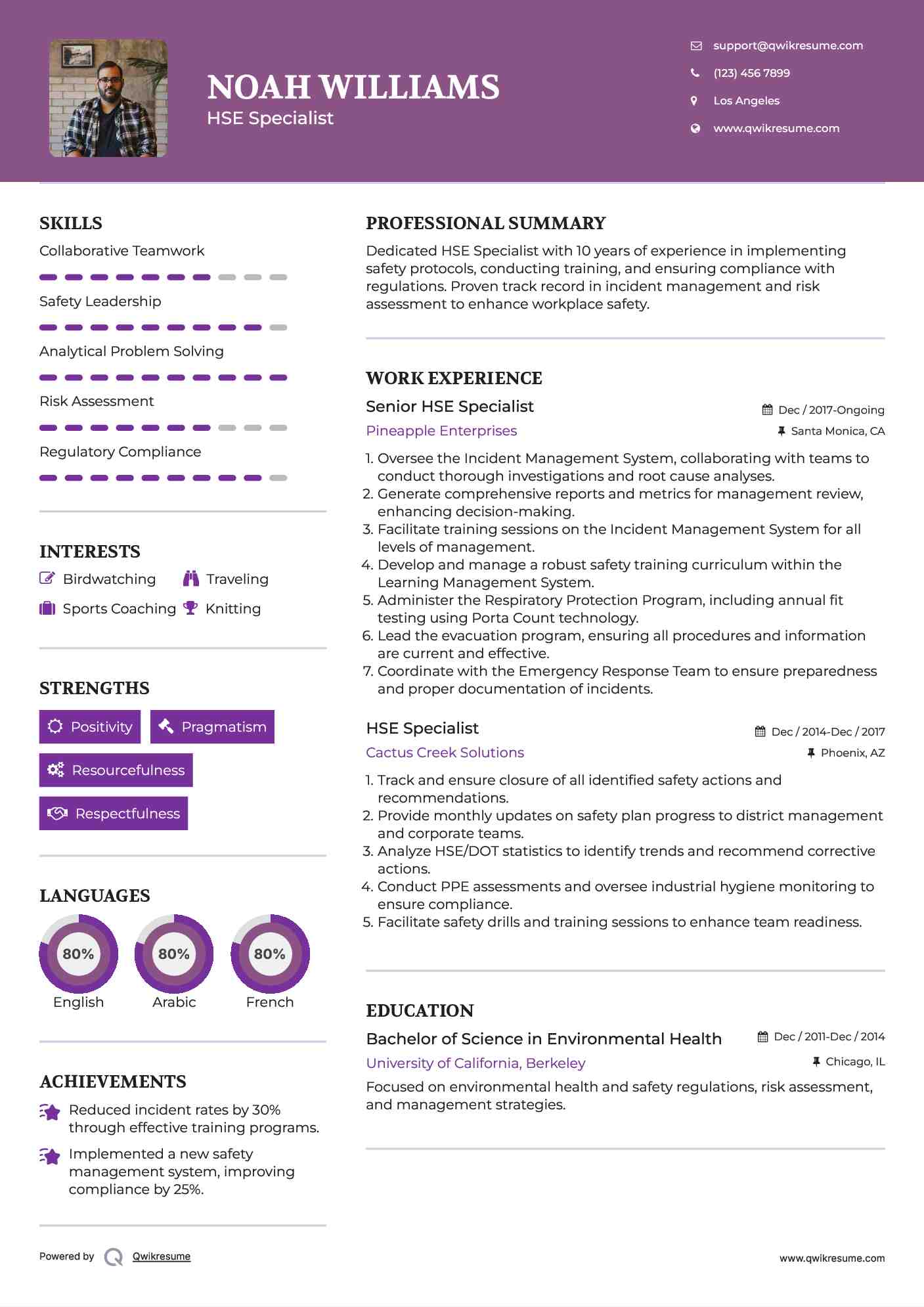 Senior HSE Specialist Resume Example