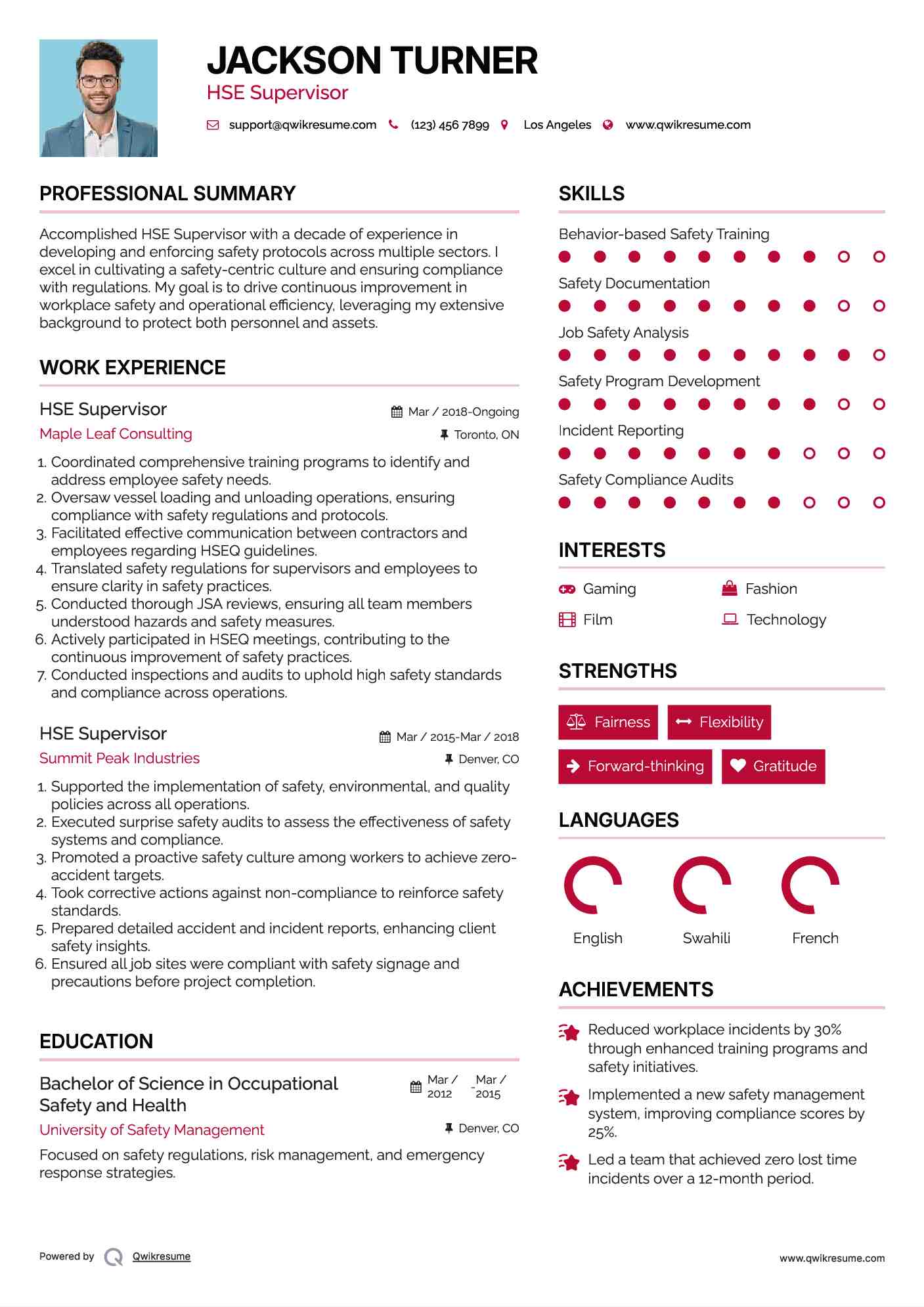 HSE Supervisor Resume Example