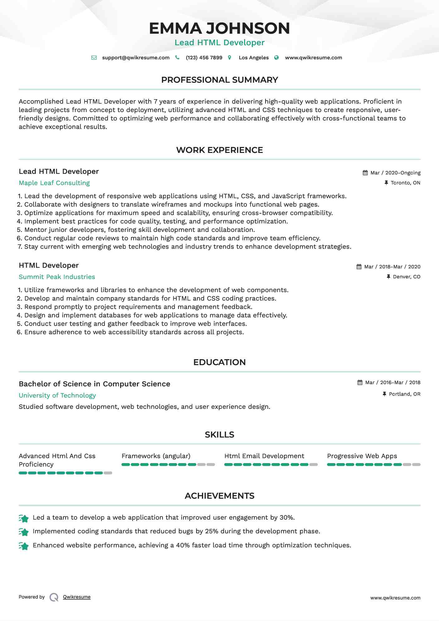 Lead HTML Developer Resume Template