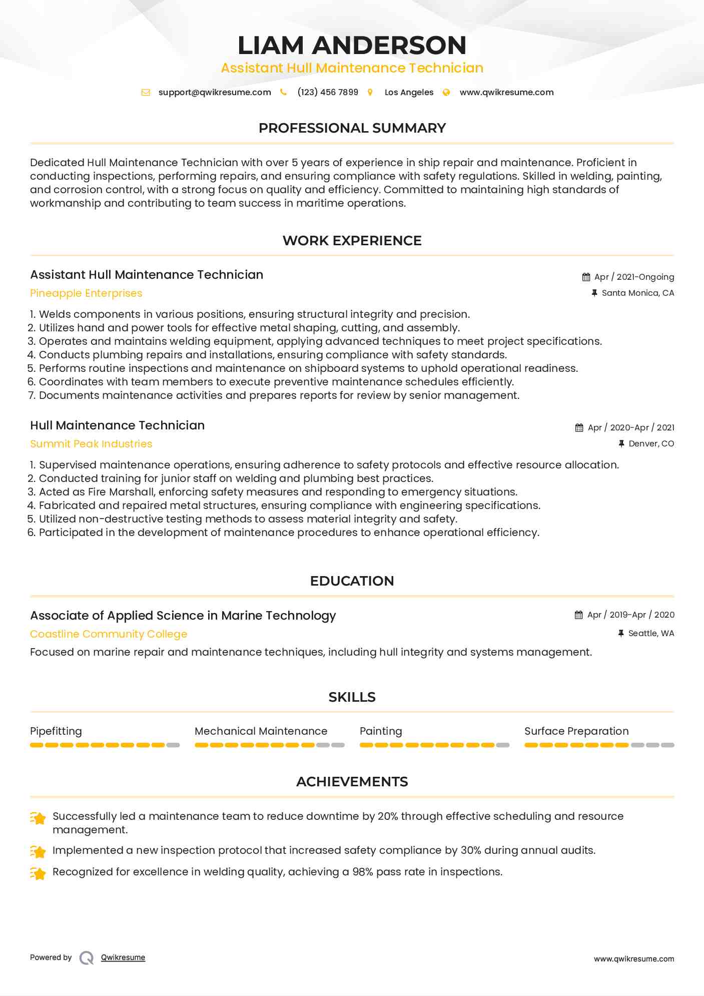 Assistant Hull Maintenance Technician Resume Example