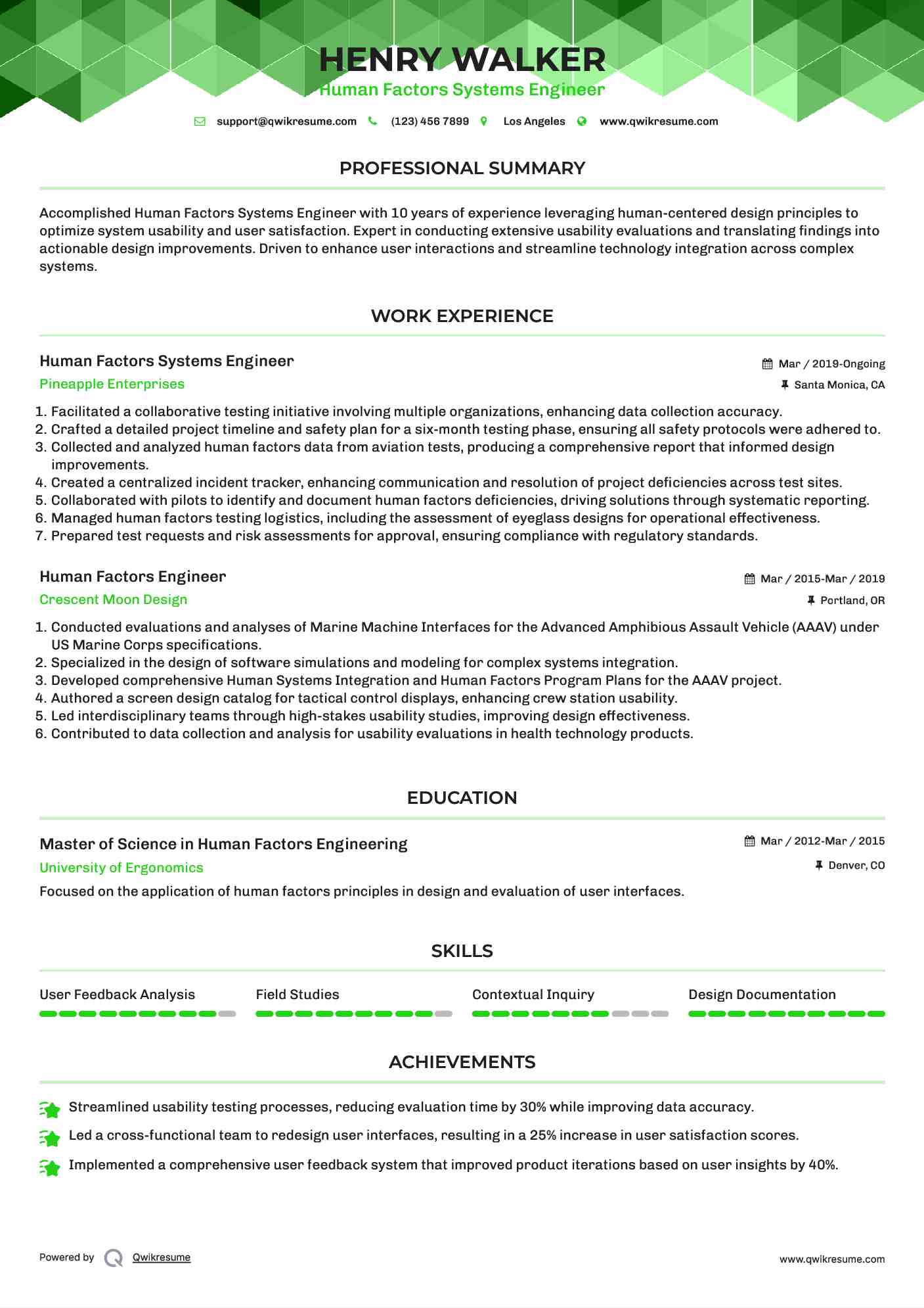 Human Factors Systems Engineer Resume Sample