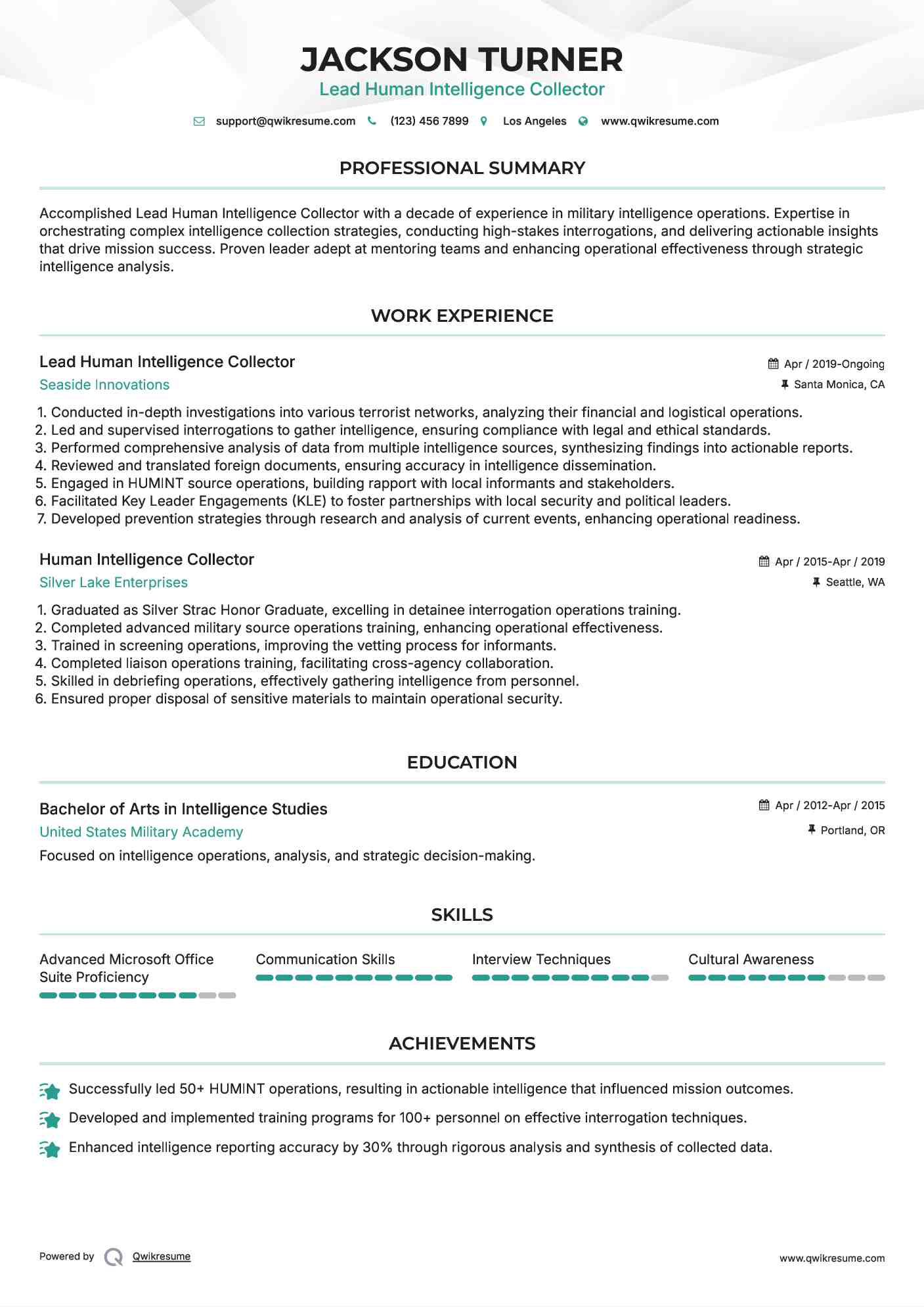 Lead Human Intelligence Collector  Resume Format
