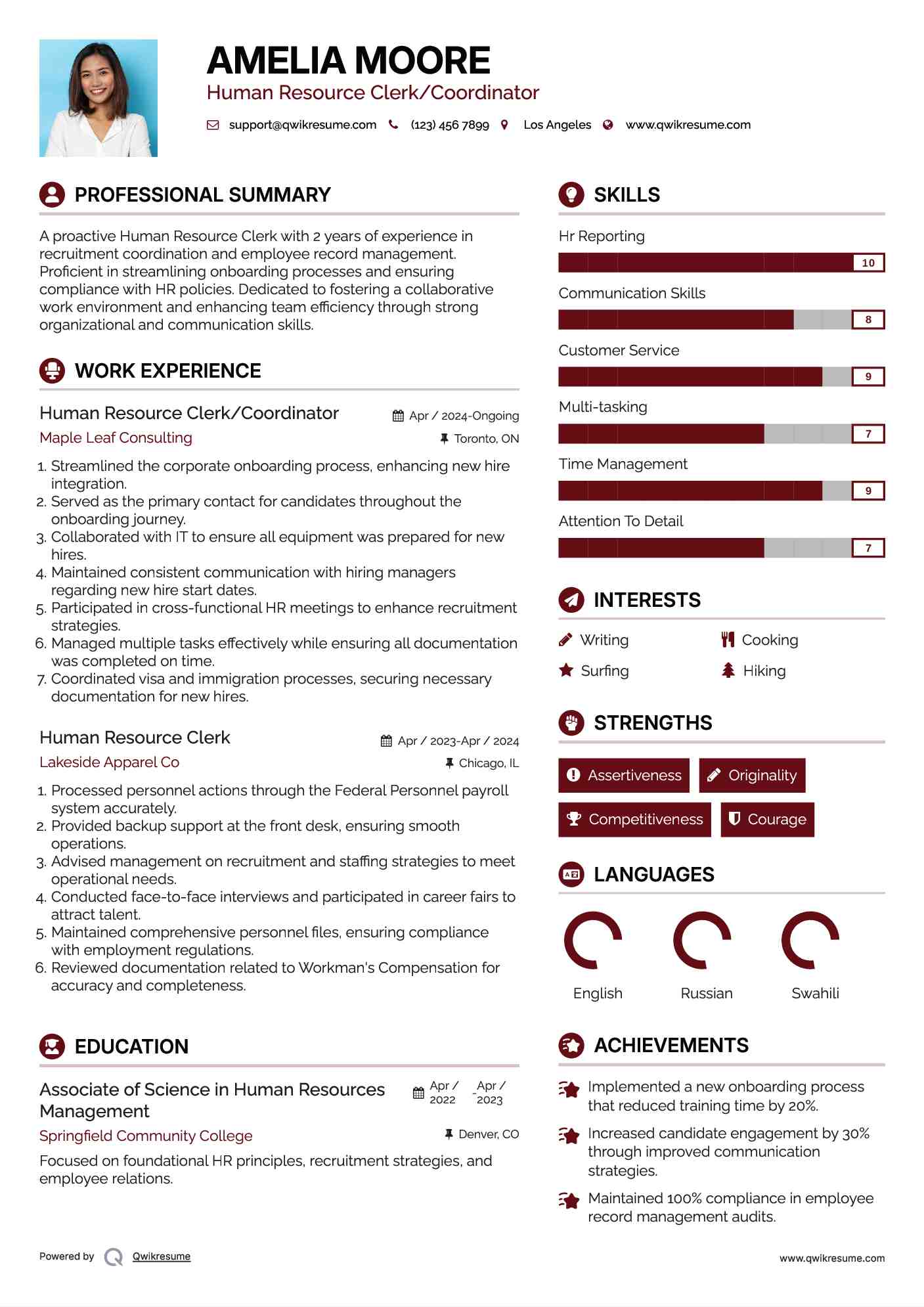 Human Resource Clerk/Coordinator Resume Format