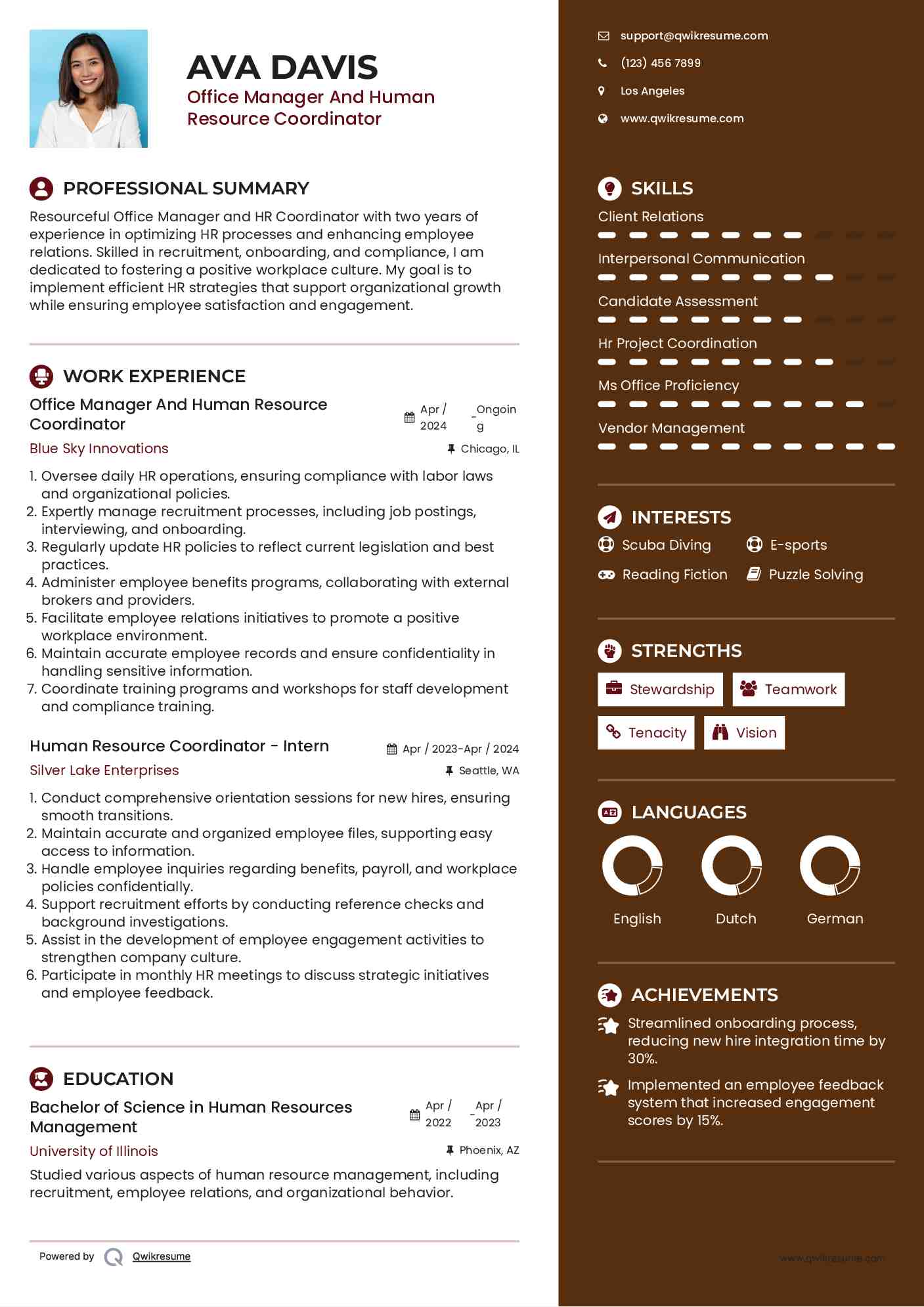 Office Manager And Human Resource Coordinator Resume Example