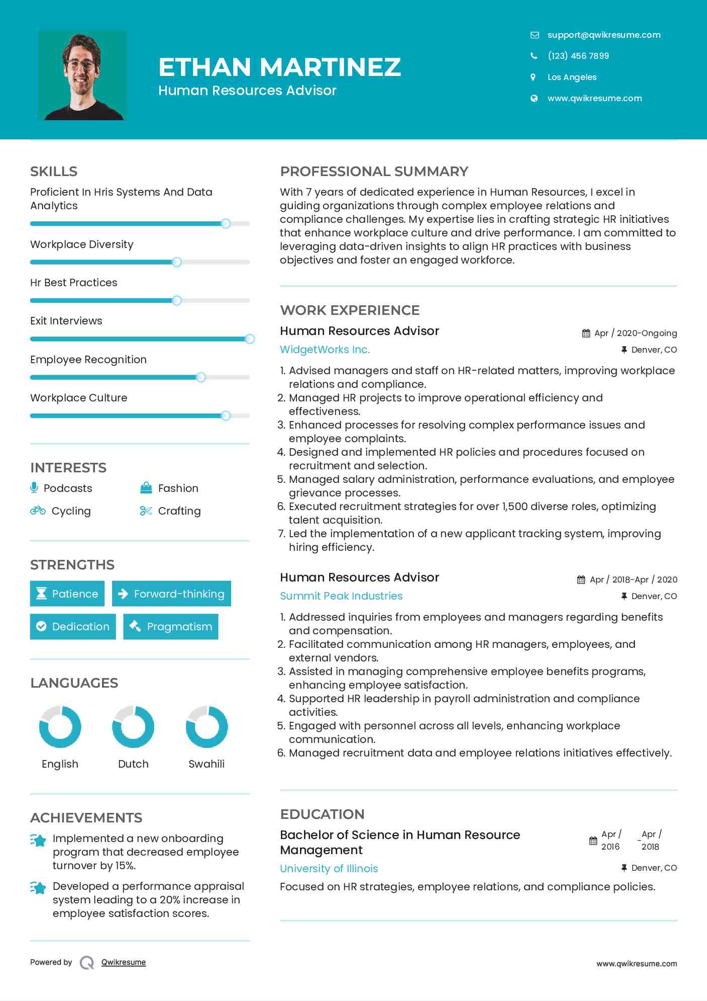 Human Resources Advisor Resume Sample